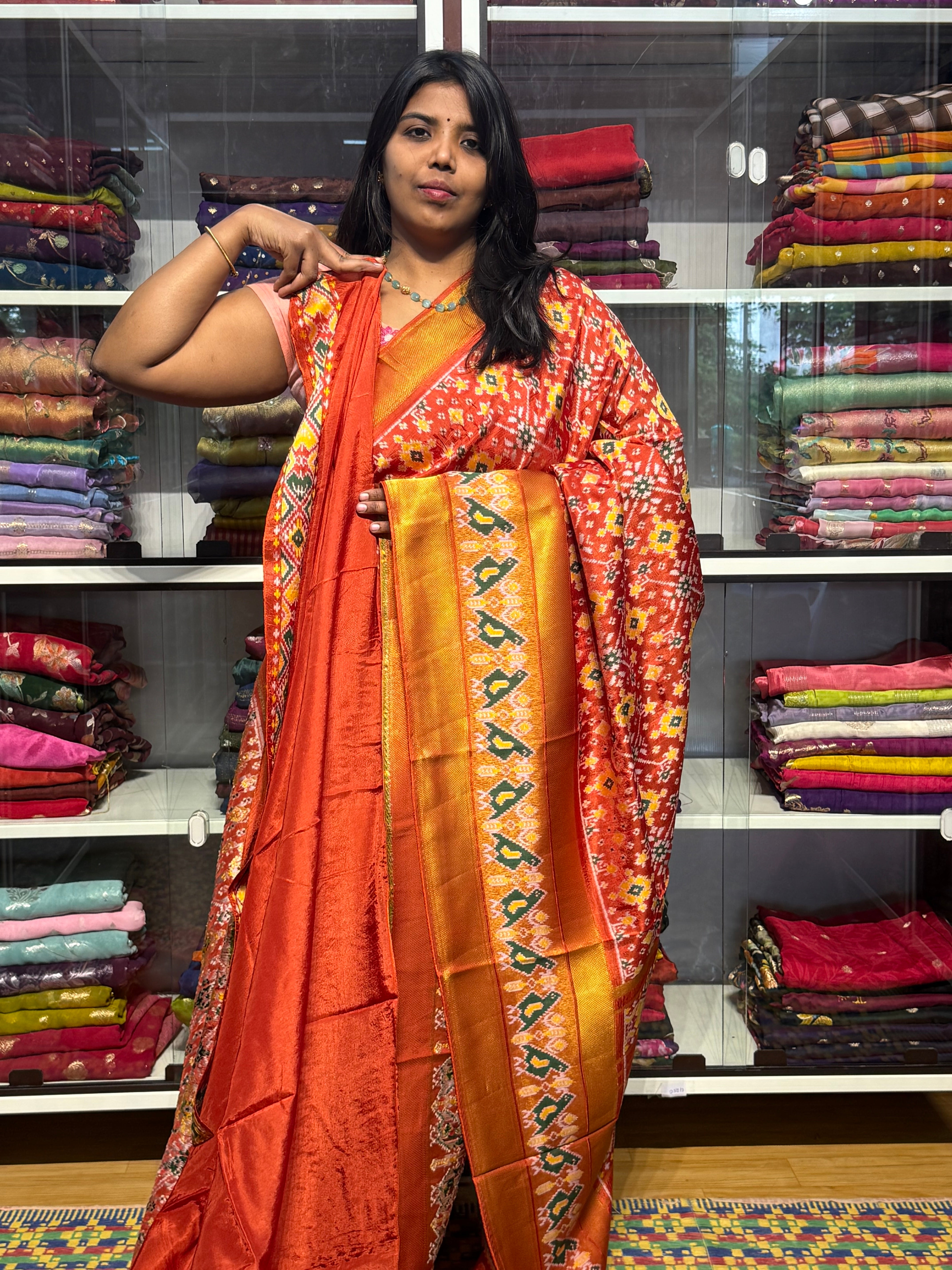 IKKAT PATOLA WEAVING MUNGA SILK WITH BIG BORDER: RUST ORANGE