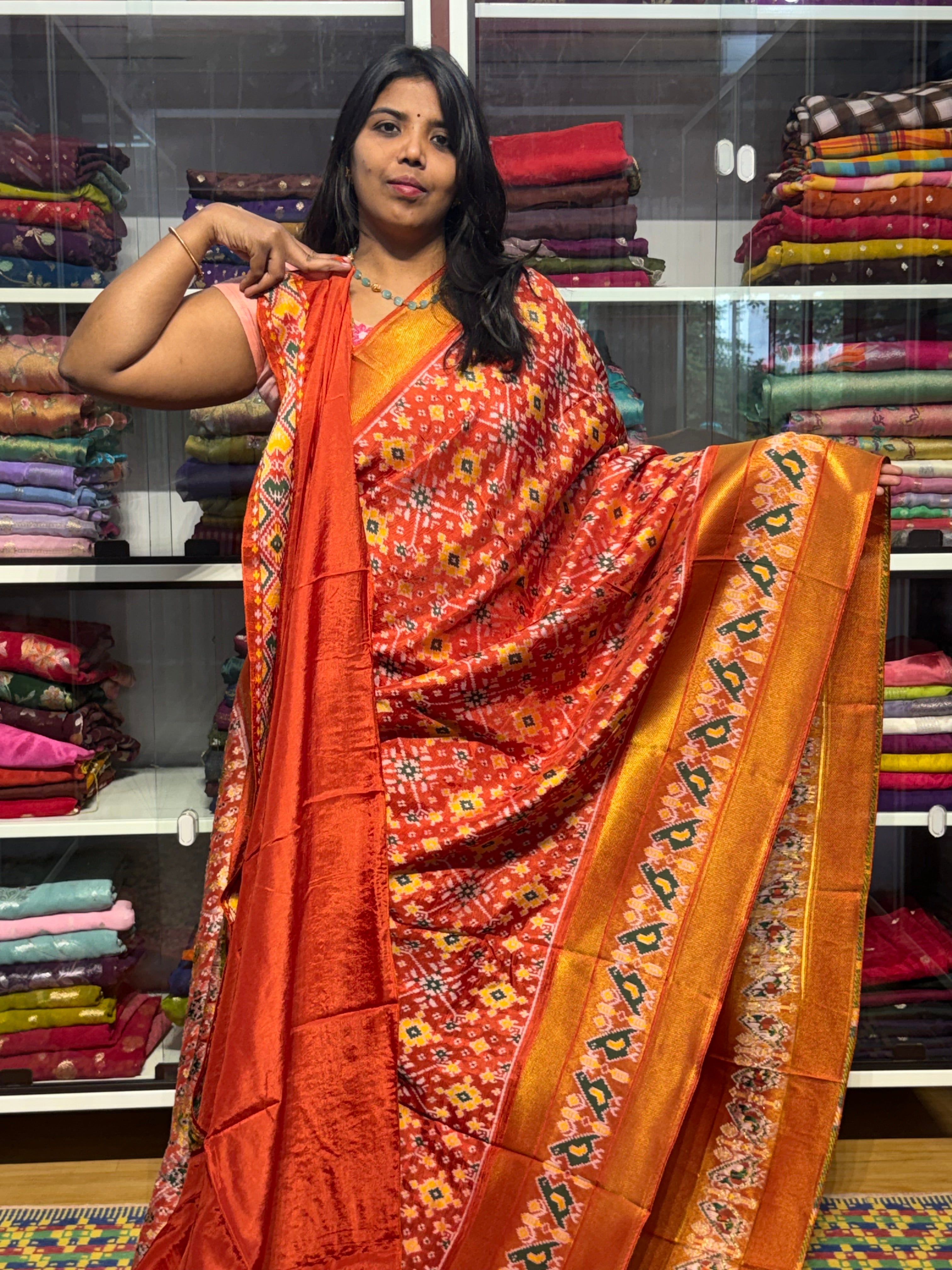 IKKAT PATOLA WEAVING MUNGA SILK WITH BIG BORDER: RUST ORANGE