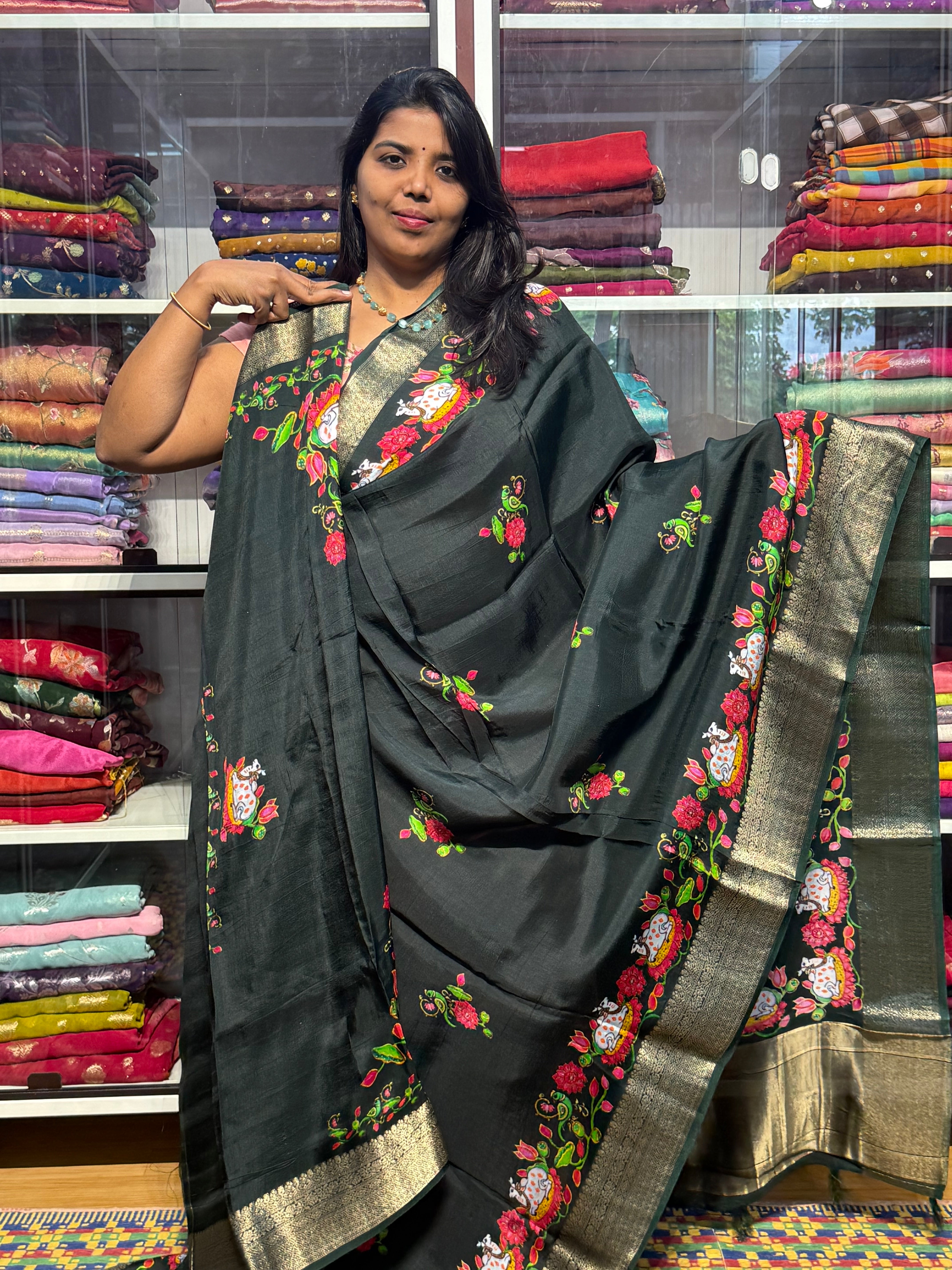 RUSSIAN CREPE WITH TANJAORE DIGITAL PRINT: GREEN