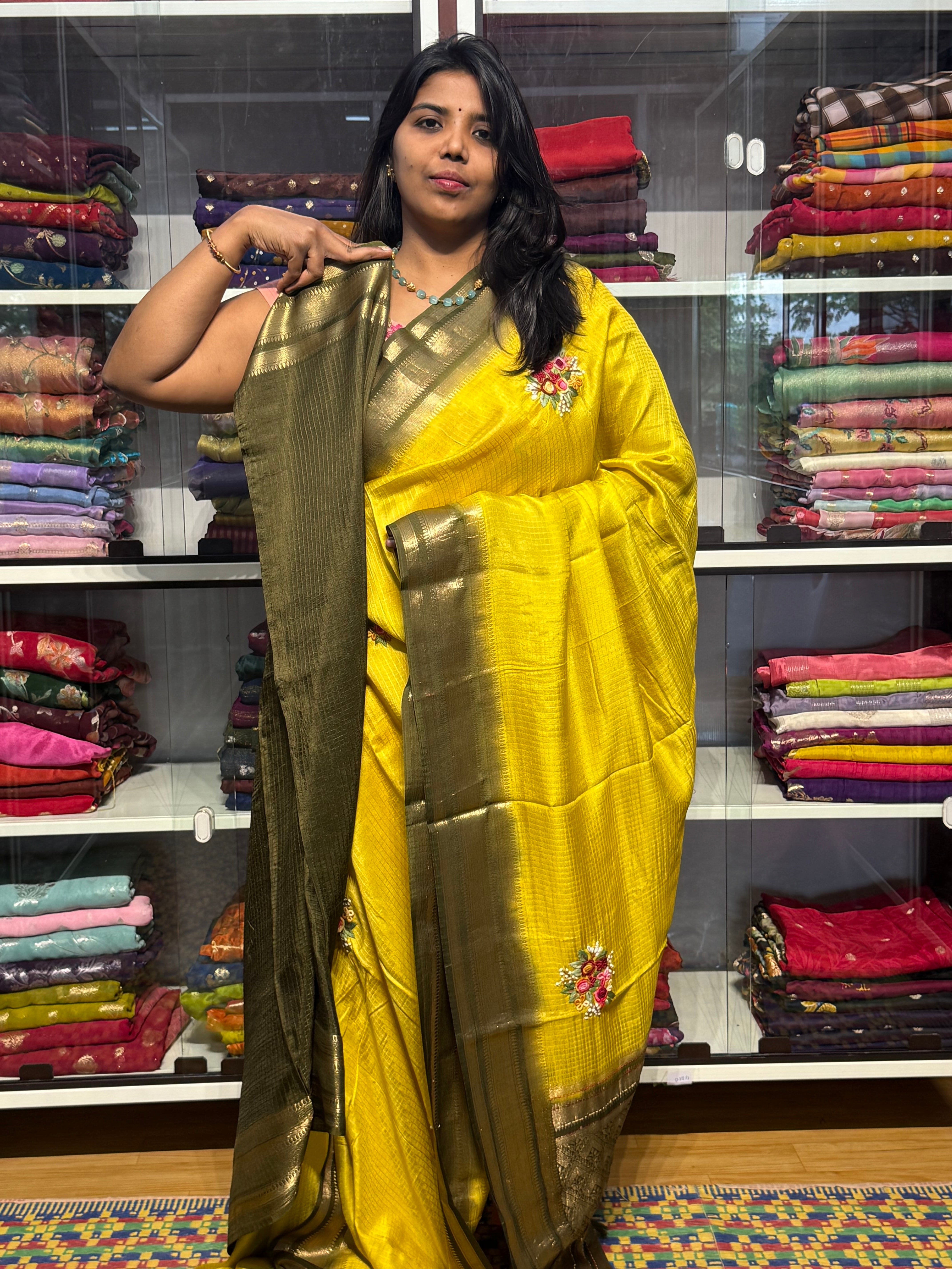 MYSORE CREPE WITH HAND KANTHA WORK FLORAL BUNCHES: YELLOW