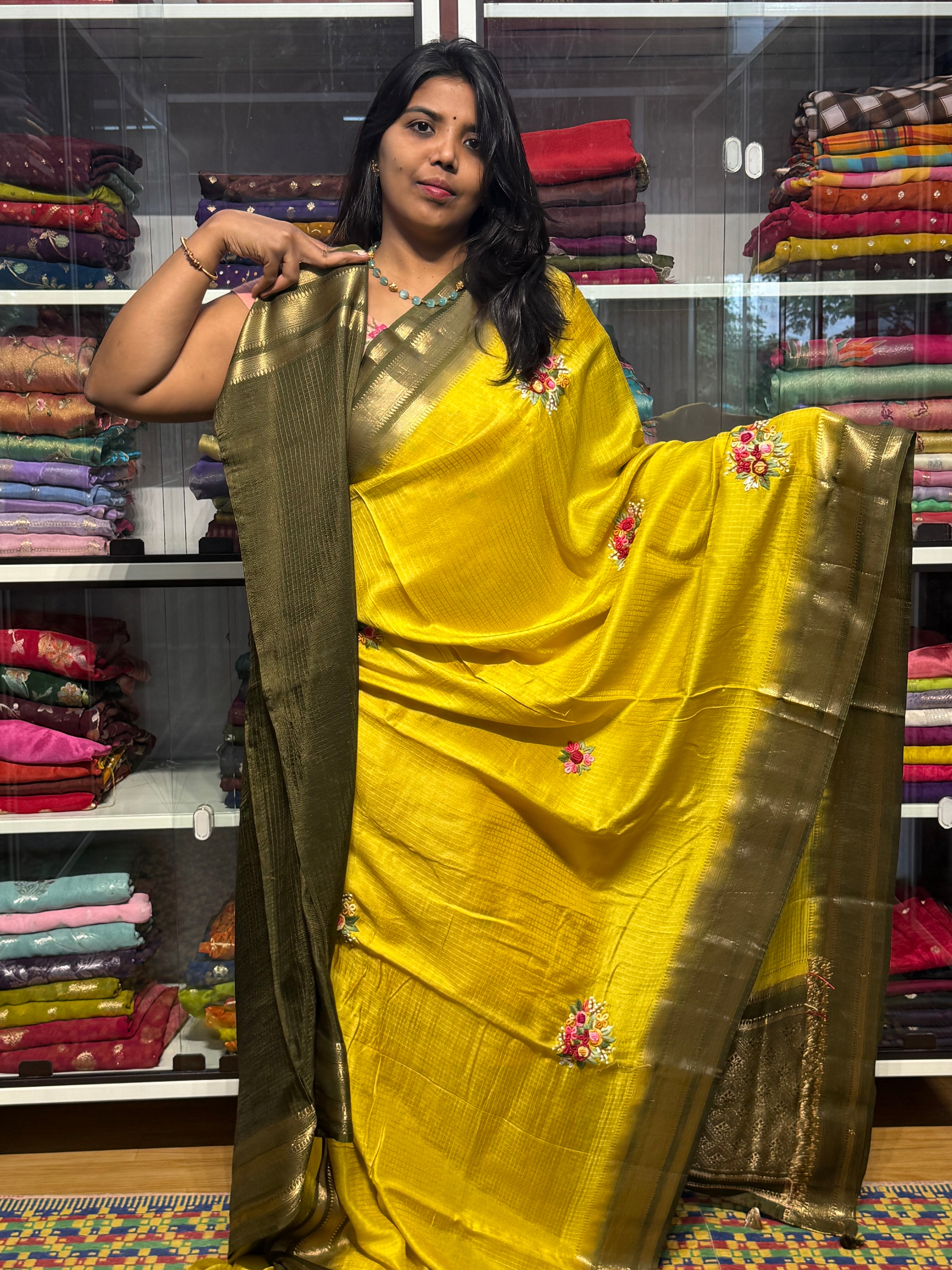 MYSORE CREPE WITH HAND KANTHA WORK FLORAL BUNCHES: YELLOW