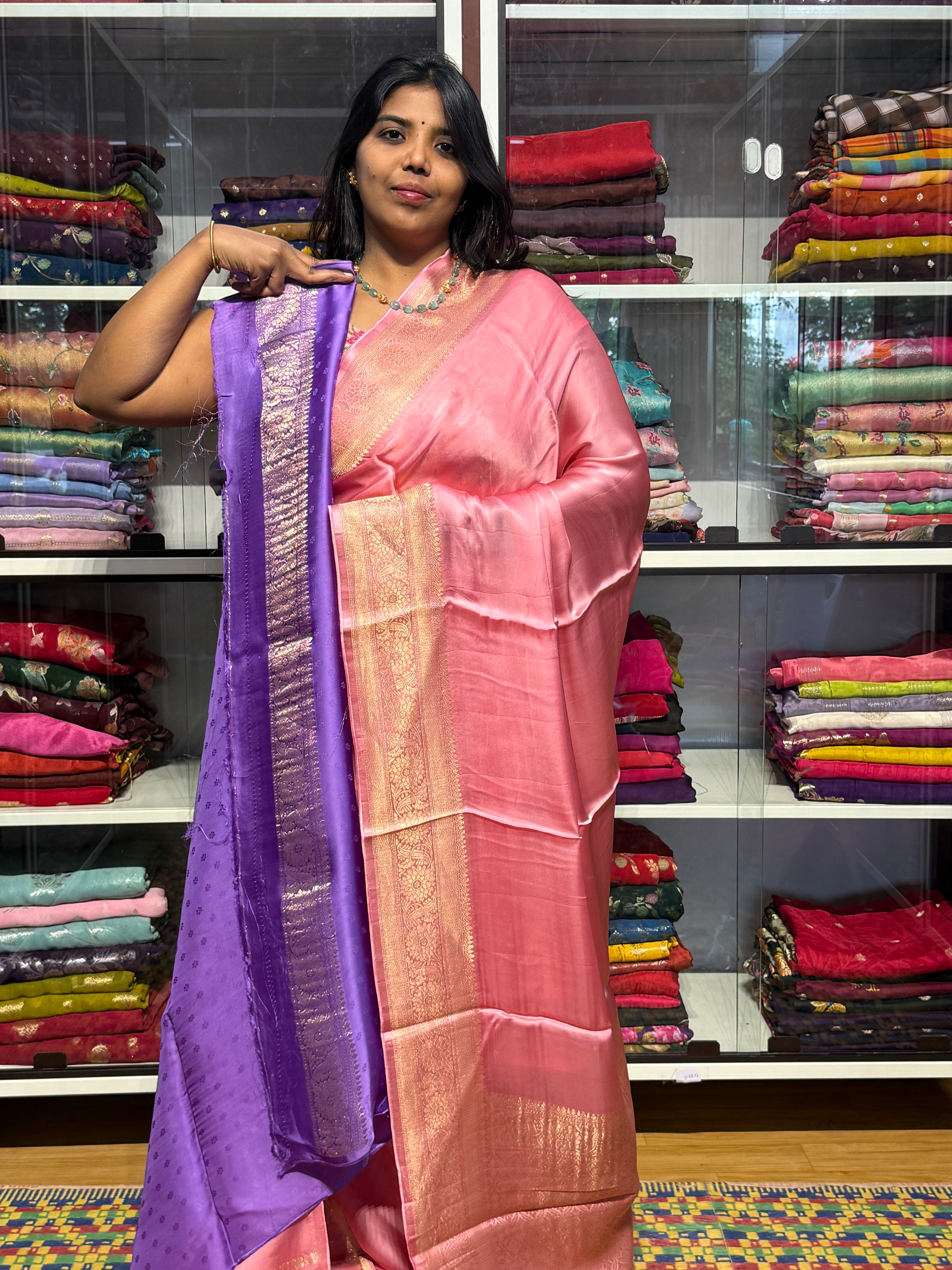 BANARAS MASHRU SATIN PLAIN SAREE WITH BORDER: PINK