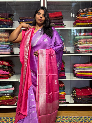 PURE BANARAS MASHRU SATIN DUAL SHADED: LAVENDER WITHN PINK