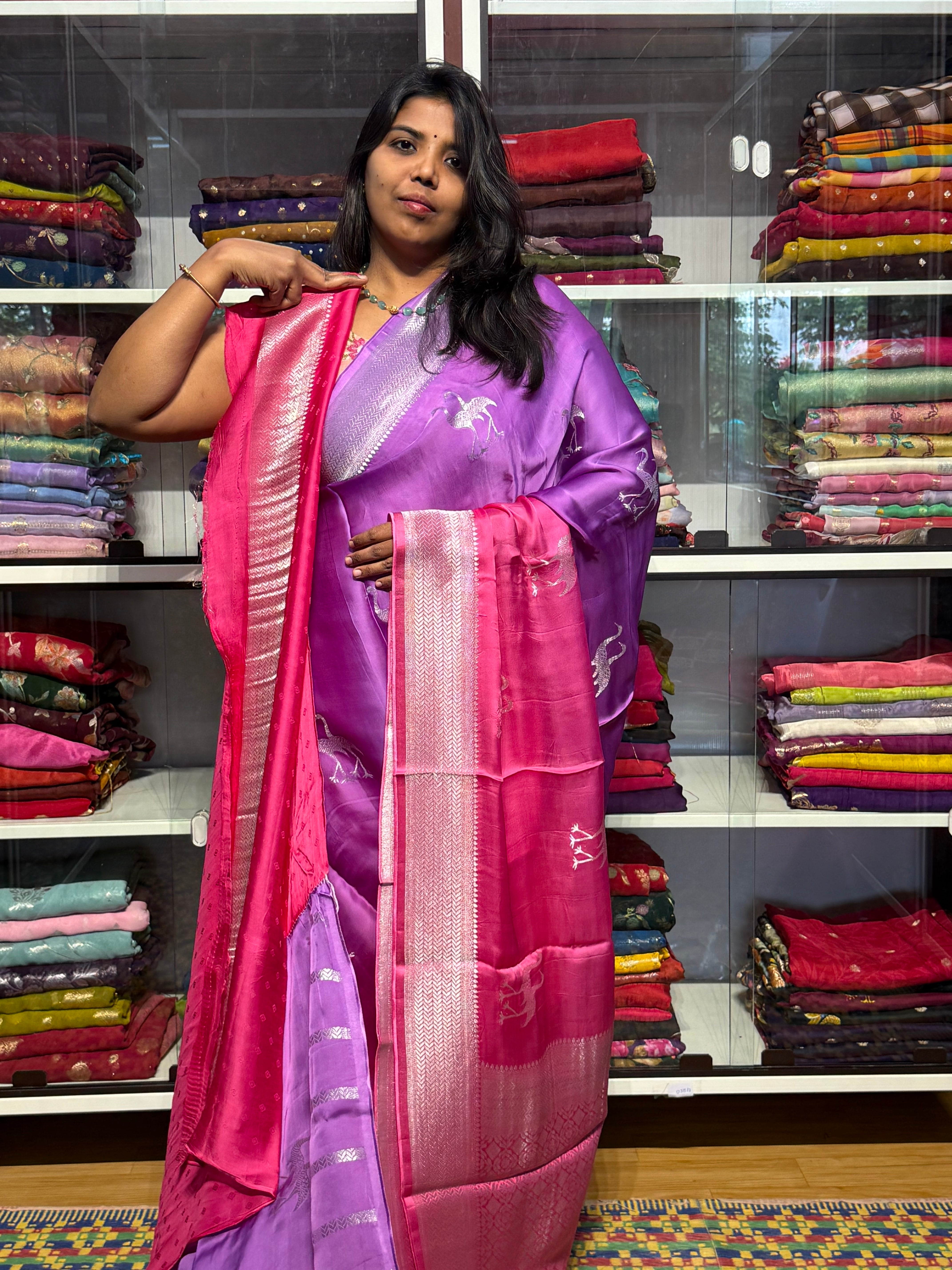 PURE BANARAS MASHRU SATIN DUAL SHADED: LAVENDER WITHN PINK