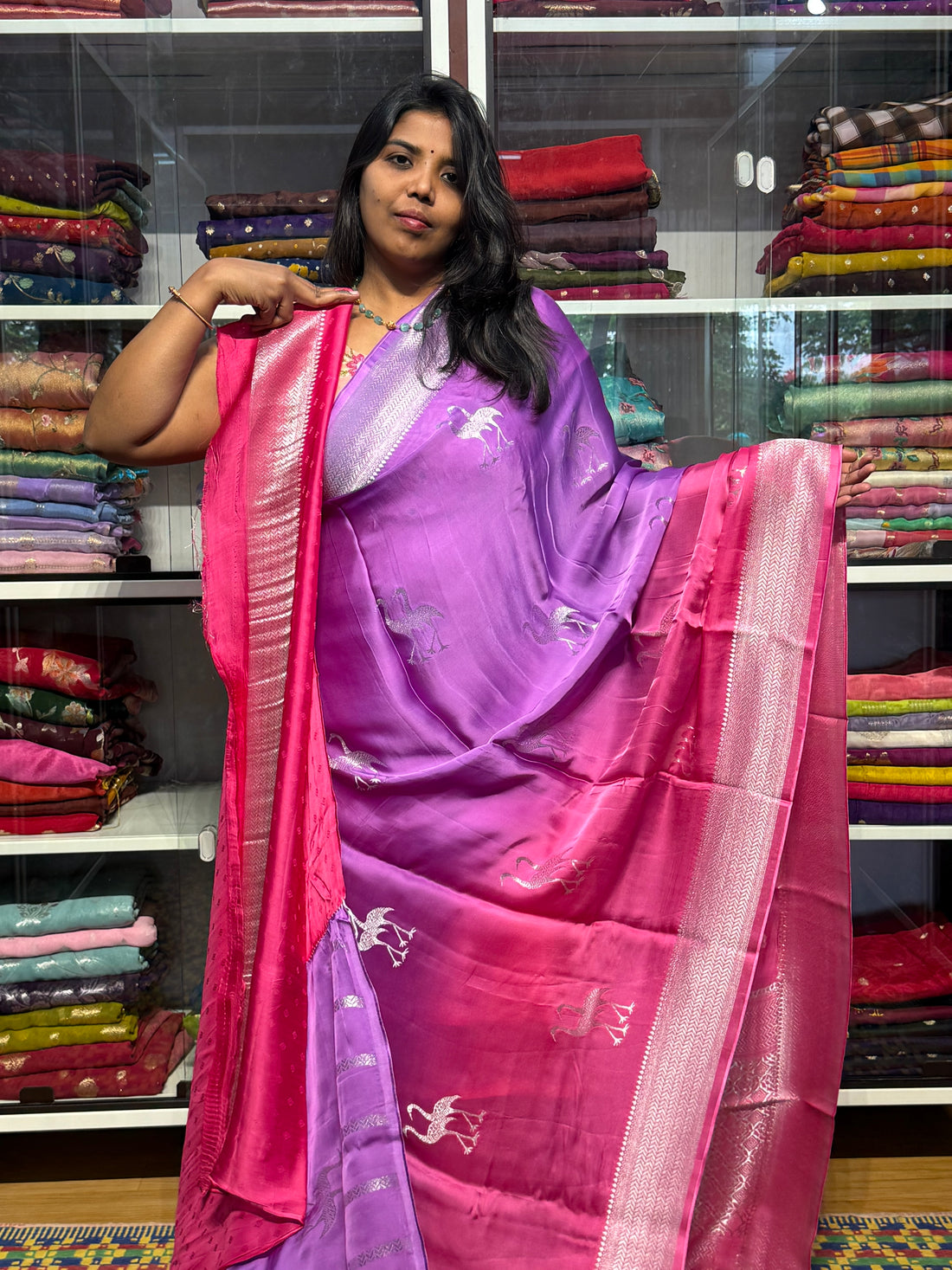 PURE BANARAS MASHRU SATIN DUAL SHADED: LAVENDER WITHN PINK