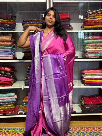 PURE BANARAS MASHRU SATIN DUAL SHADED : PINK WITH LAVENDER
