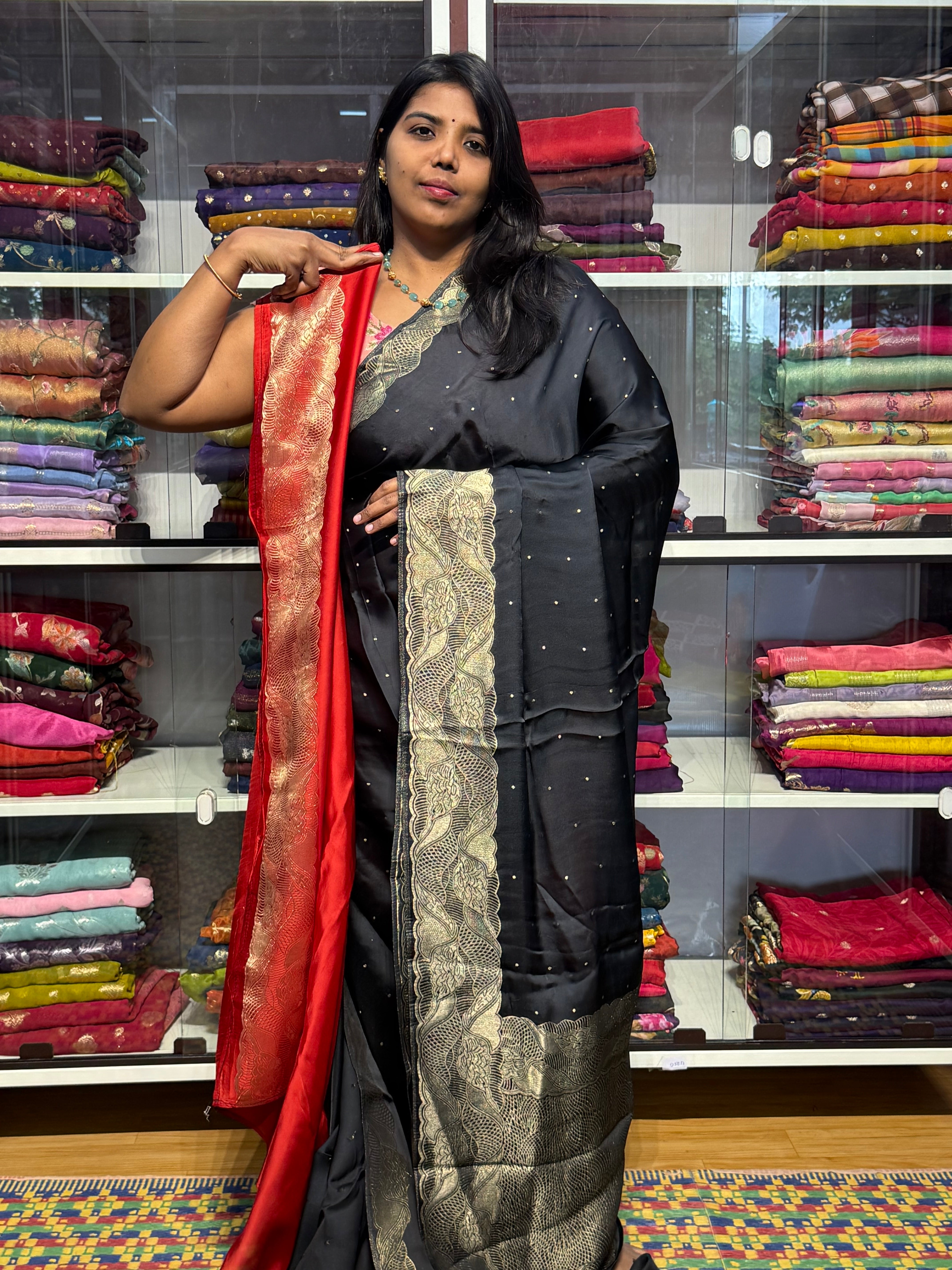 PURE BANARAS MASHRU SATIN WITH DESIGNER BORDER: BLACK