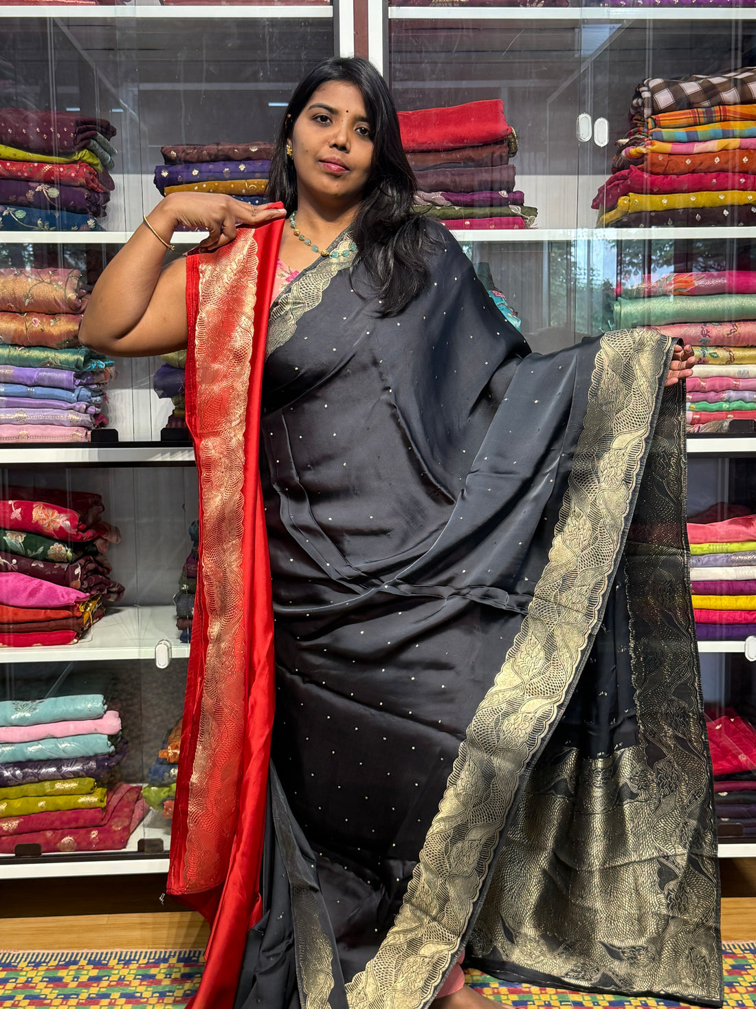 PURE BANARAS MASHRU SATIN WITH DESIGNER BORDER: BLACK