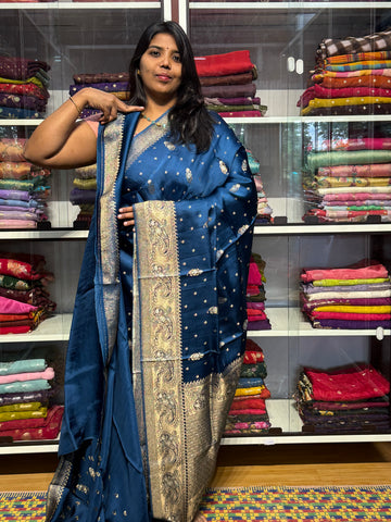 PURE BANARAS MASHRU SATIN SILK: GERMAN BLUE