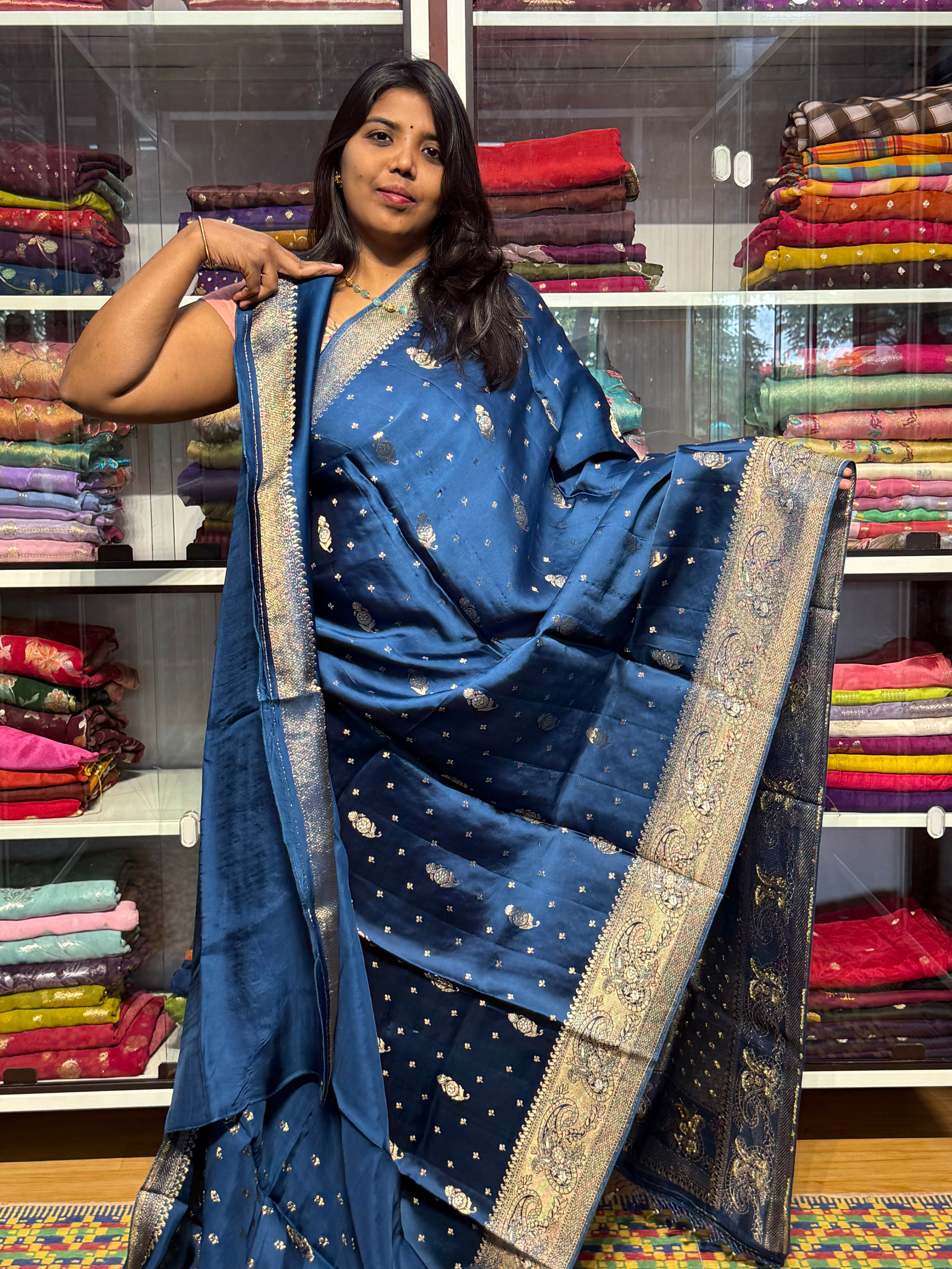 PURE BANARAS MASHRU SATIN SILK: GERMAN BLUE