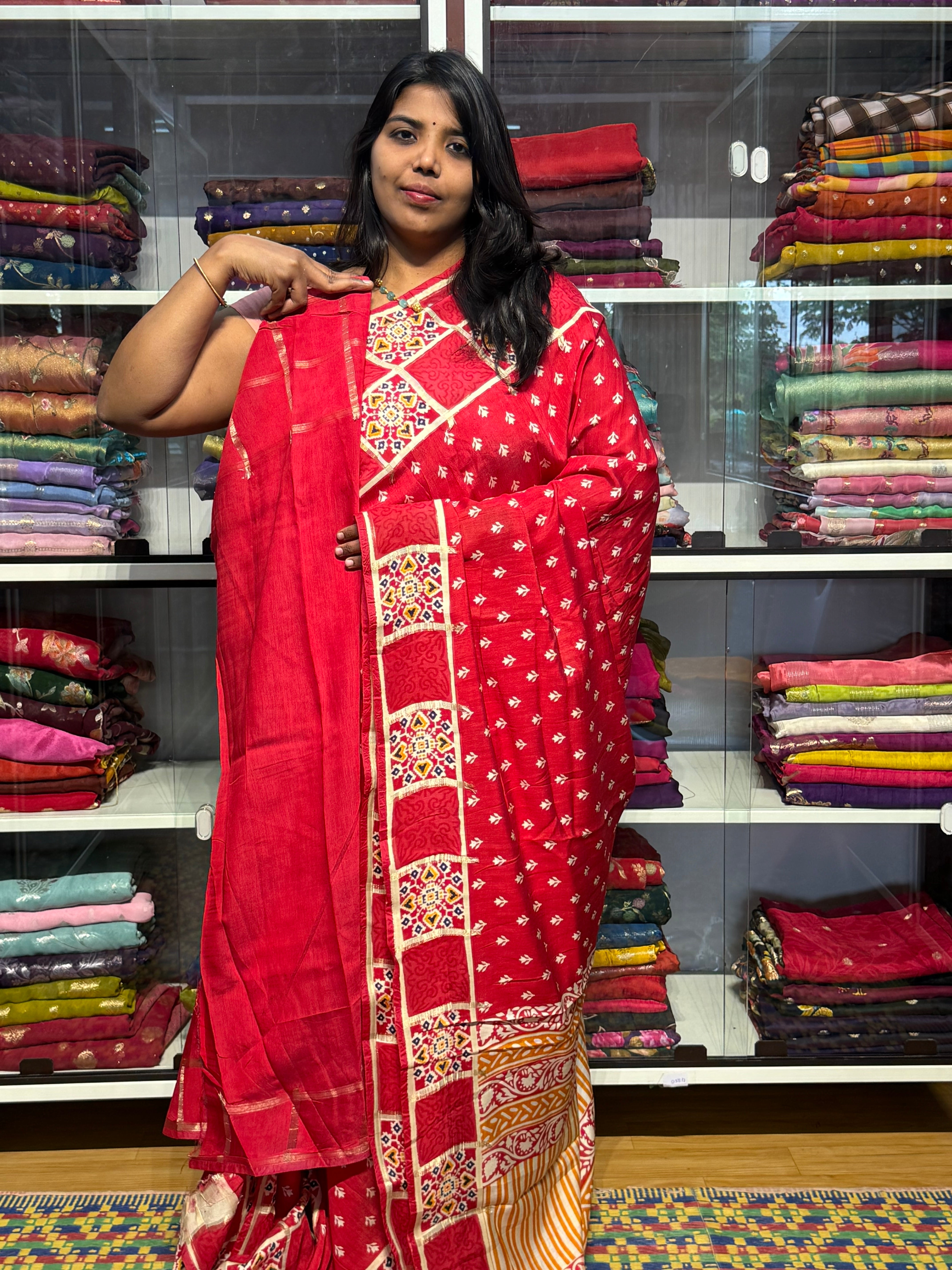 BENNY CREPE WITH GARCHOLA AJRAKH BORDER: RED