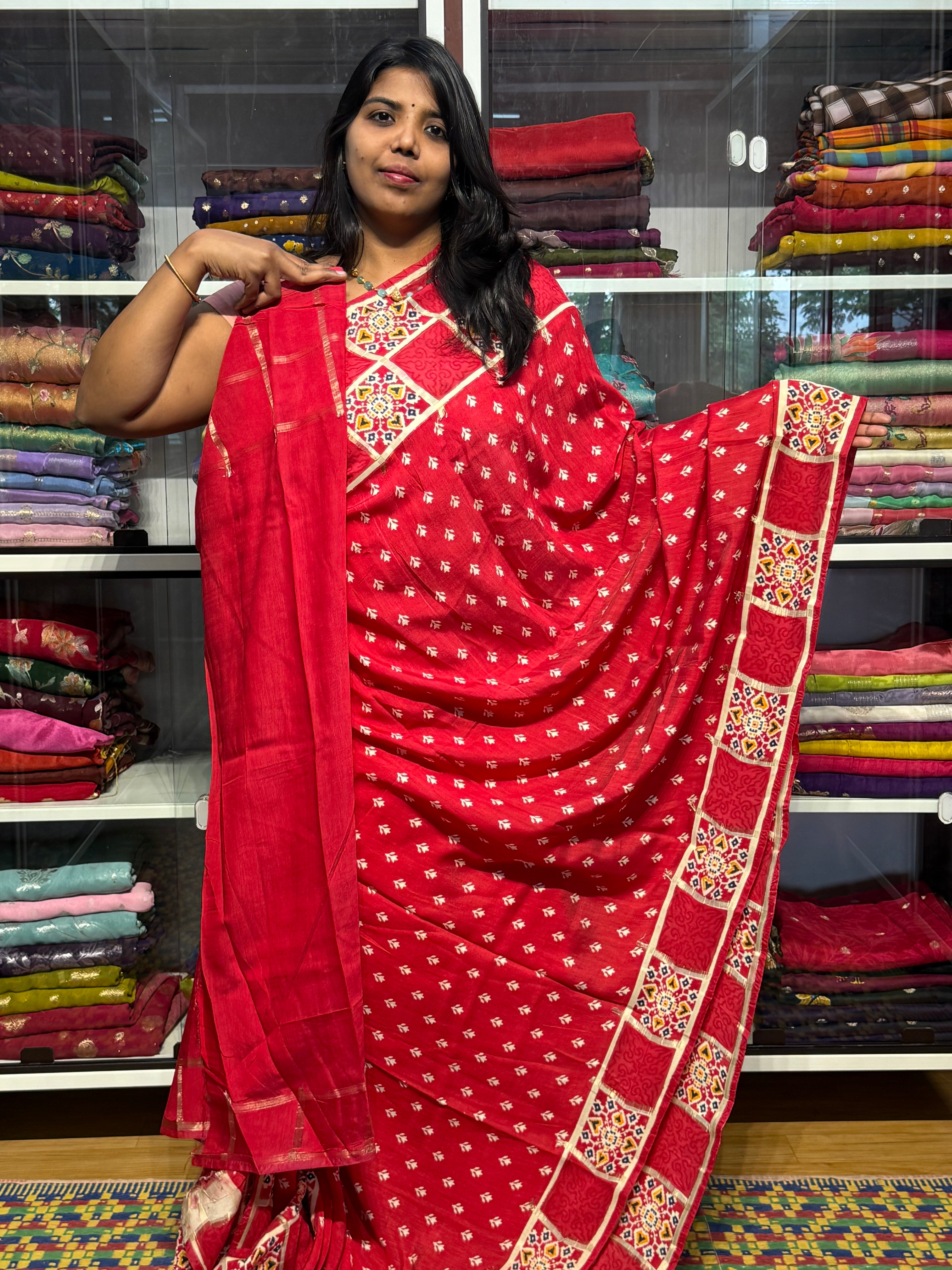 BENNY CREPE WITH GARCHOLA AJRAKH BORDER: RED