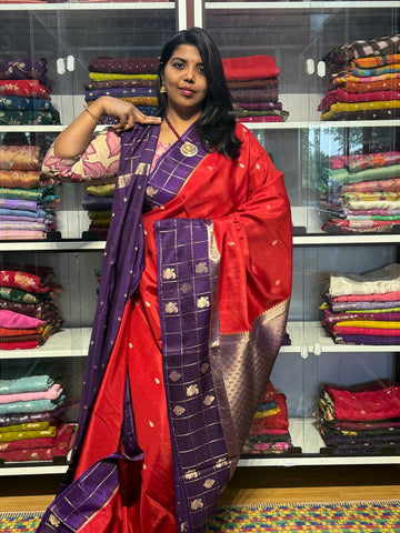VINTAGE CHECKS BORDER ON RUSSIAN SILK: RED WITH VOILET