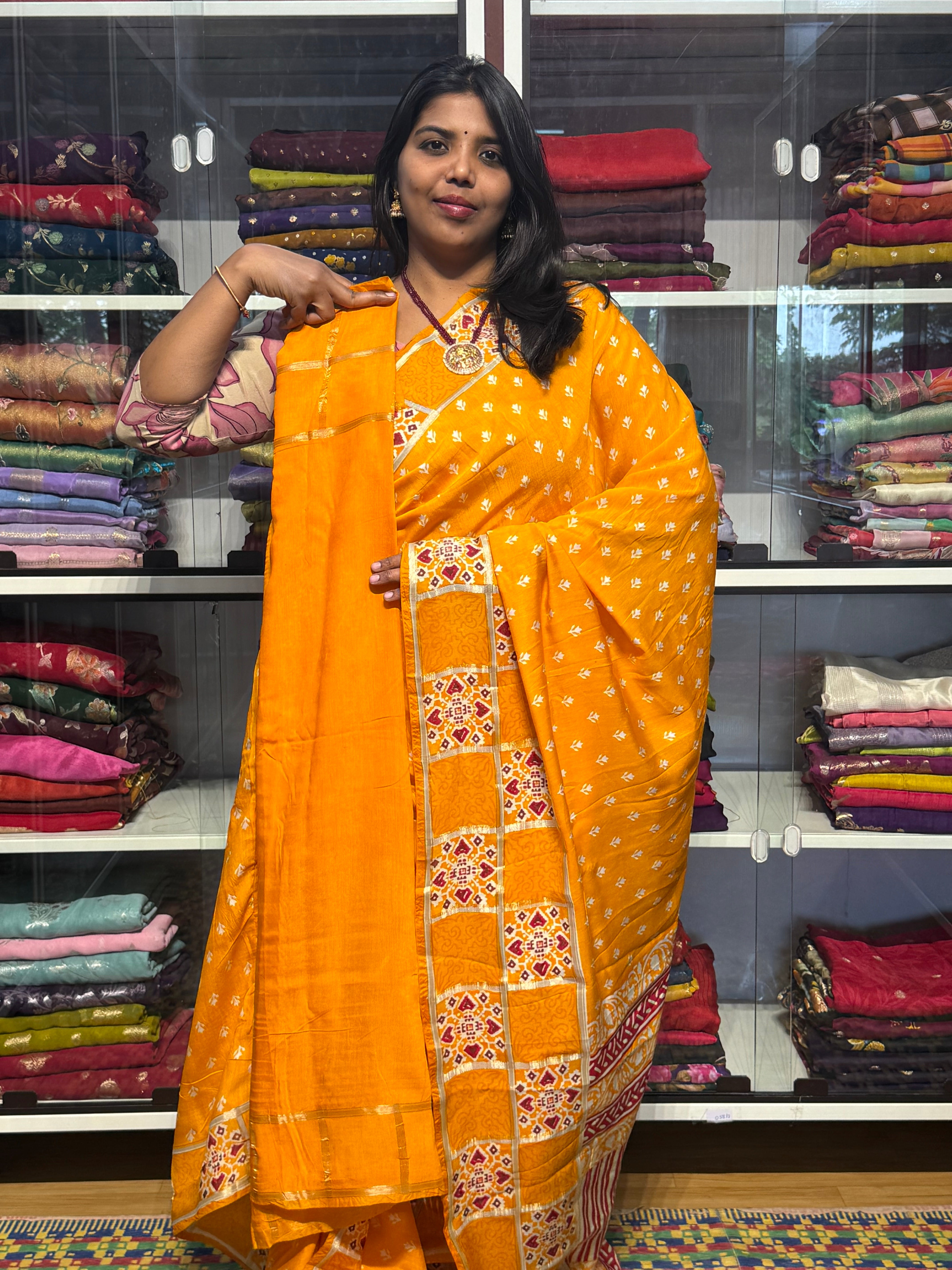 BENNY CREPE WITH GARCHOLA AJRAKH BORDER: MANGO YELLOW