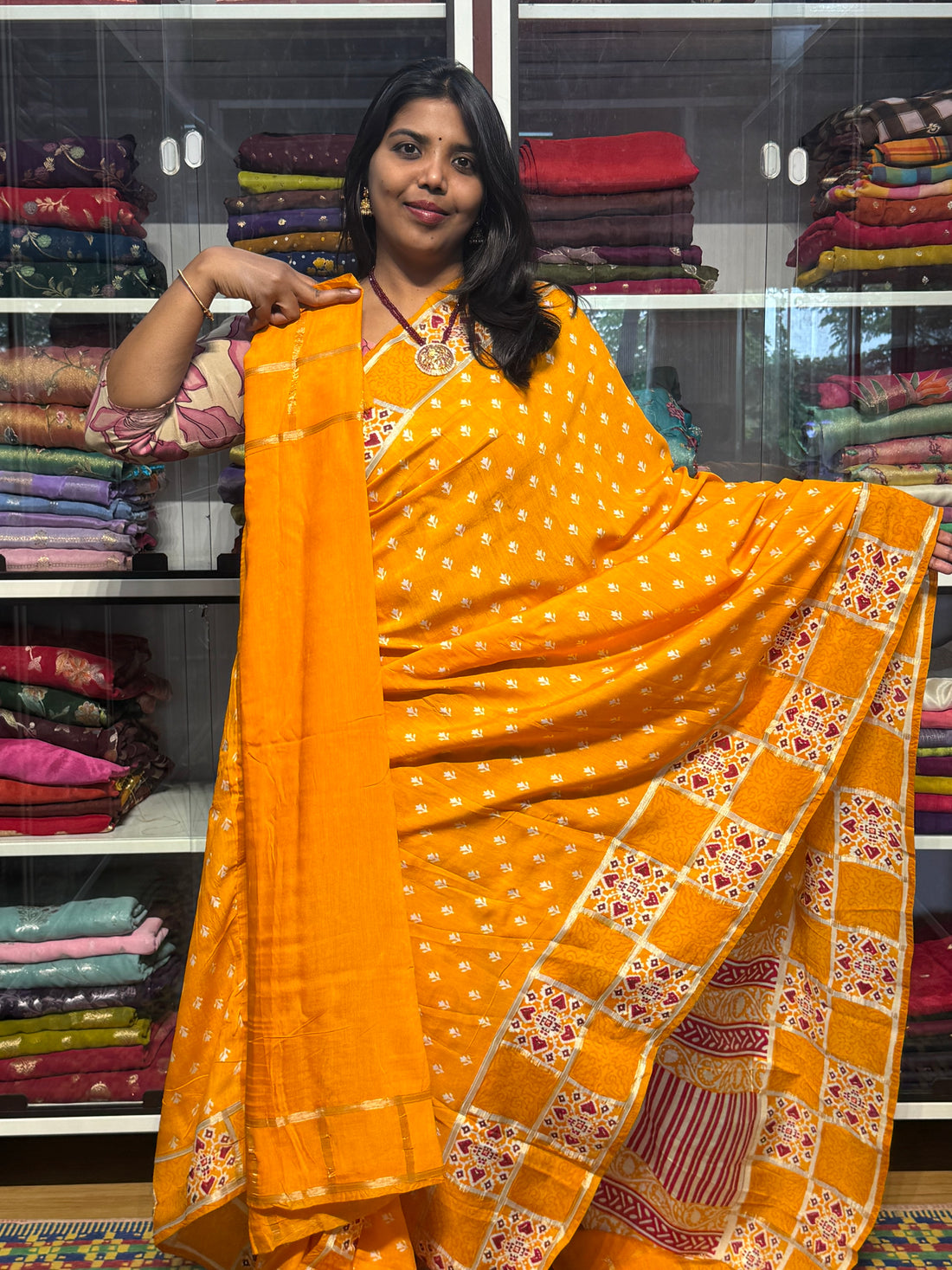 BENNY CREPE WITH GARCHOLA AJRAKH BORDER: MANGO YELLOW