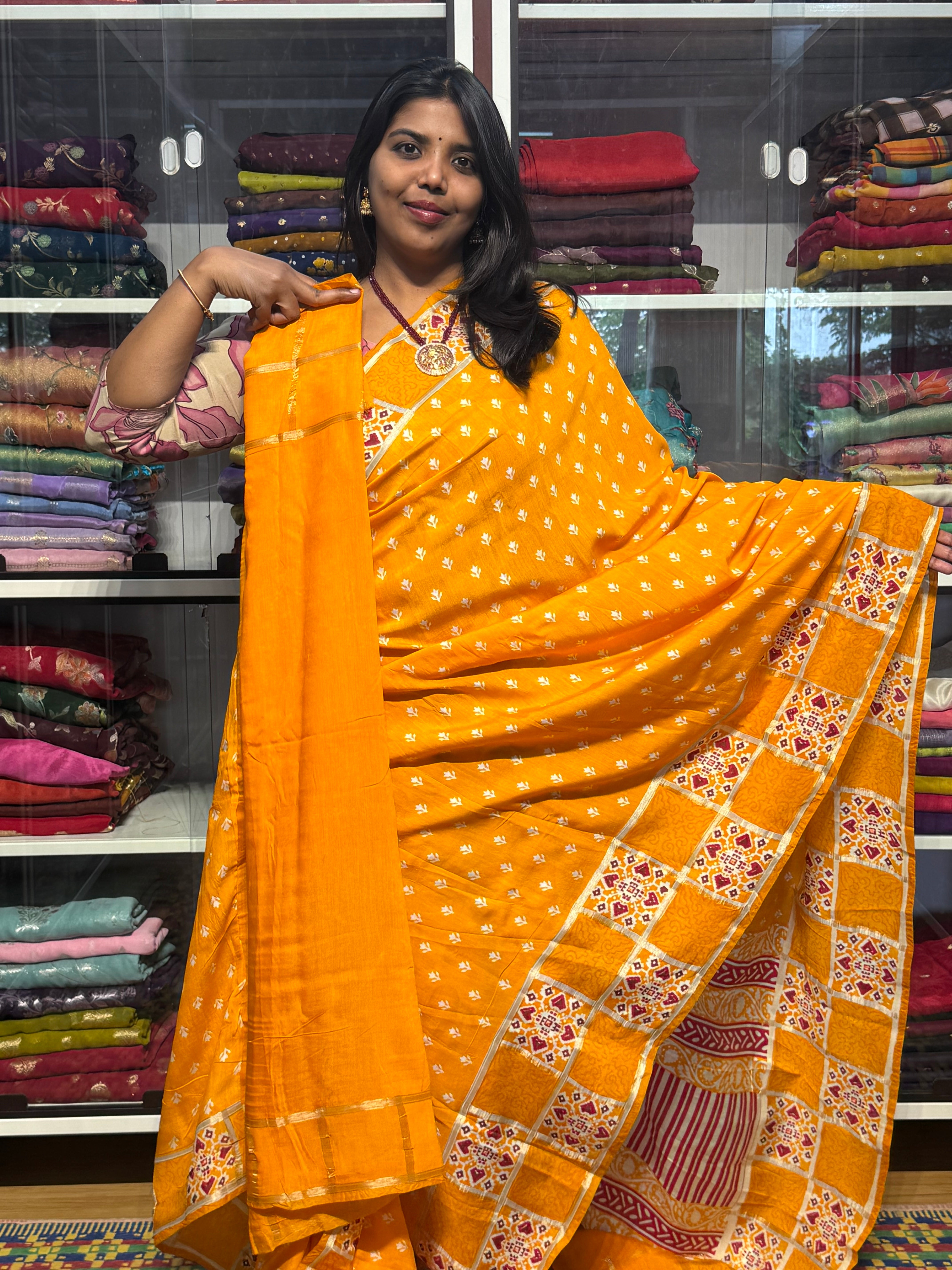 BENNY CREPE WITH GARCHOLA AJRAKH BORDER: MANGO YELLOW