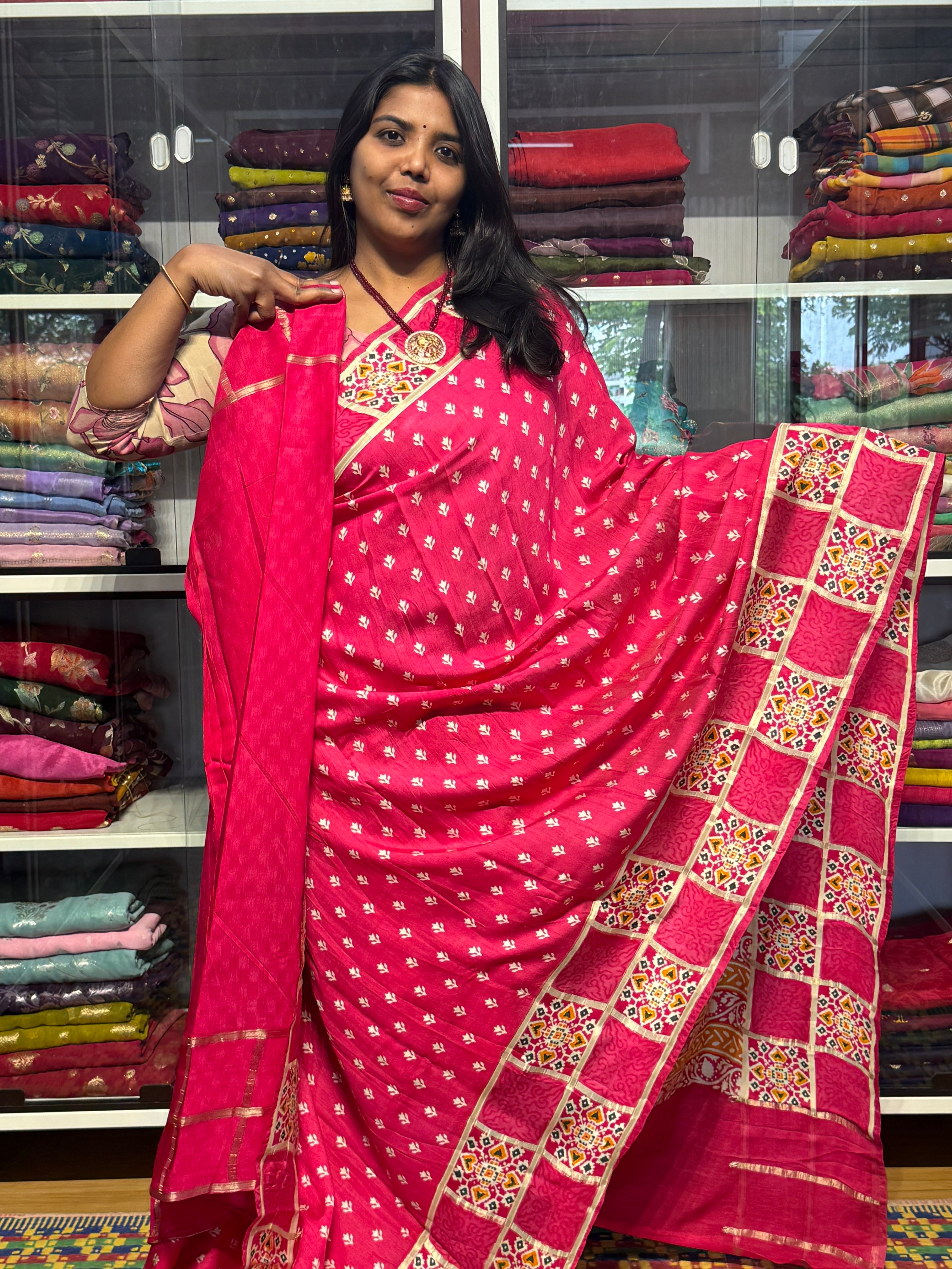 BENNY CREPE WITH GARCHOLA AJRAKH BORDER:PINK
