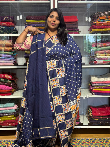BENNY CREPE WITH GARCHOLA AJRAKH BORDER: BLUE