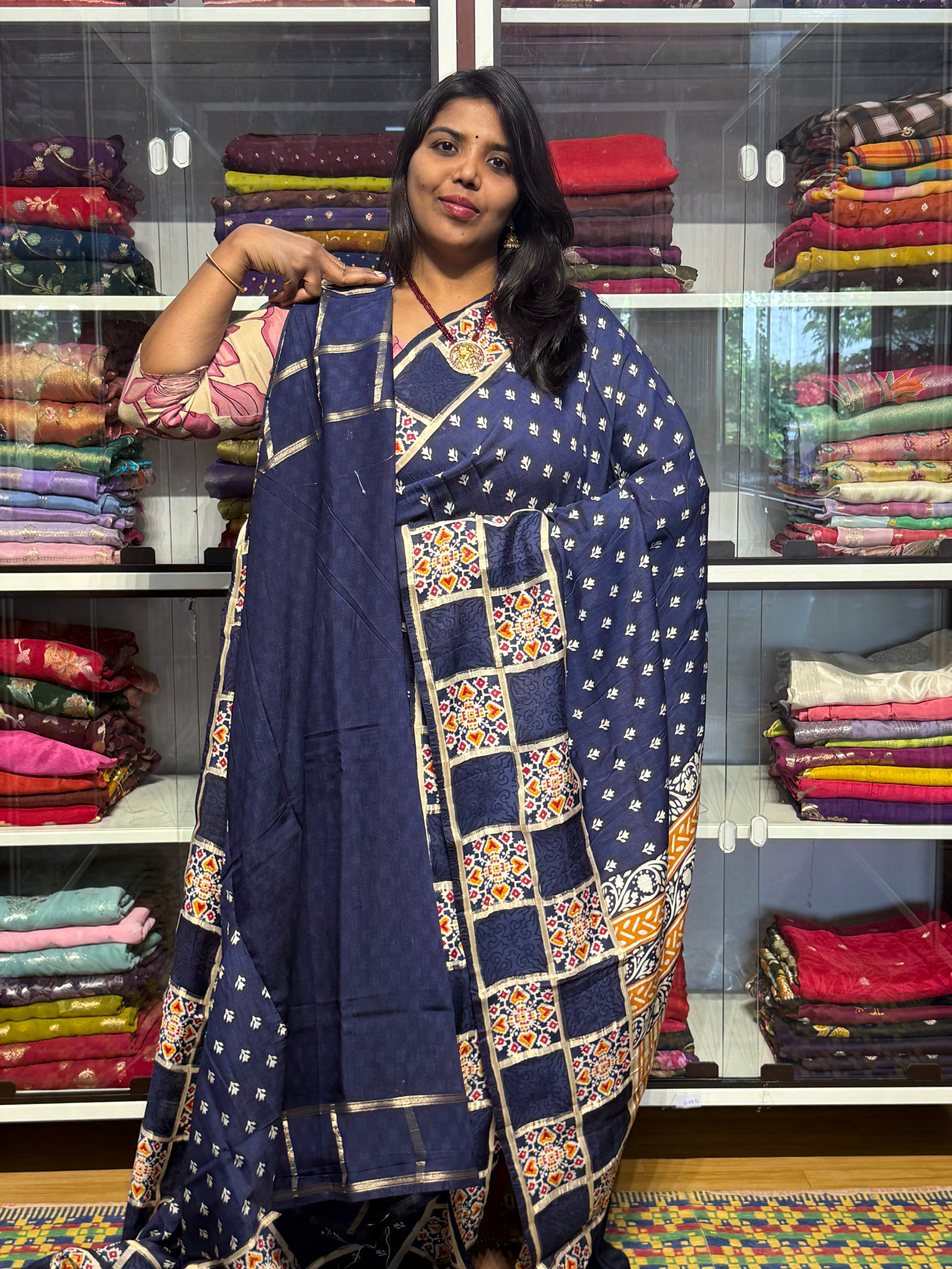 BENNY CREPE WITH GARCHOLA AJRAKH BORDER: BLUE