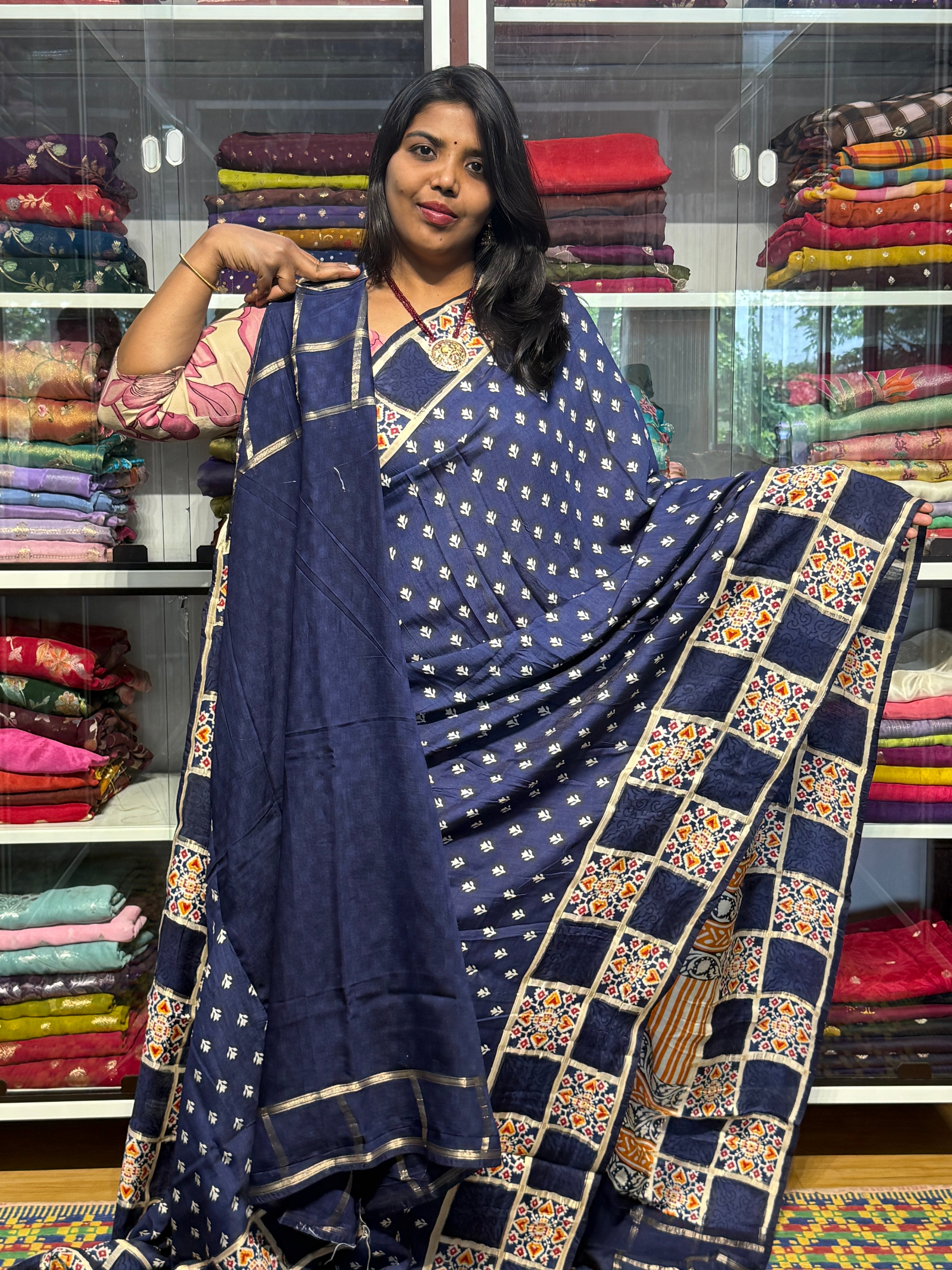 BENNY CREPE WITH GARCHOLA AJRAKH BORDER: BLUE