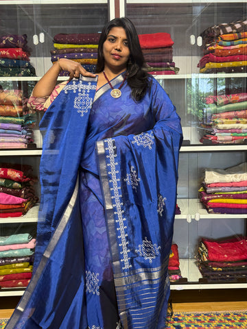 PURE MANGALGIRI SILK WITH KOLAM EMBROIDERY: ROYAL BLUE
