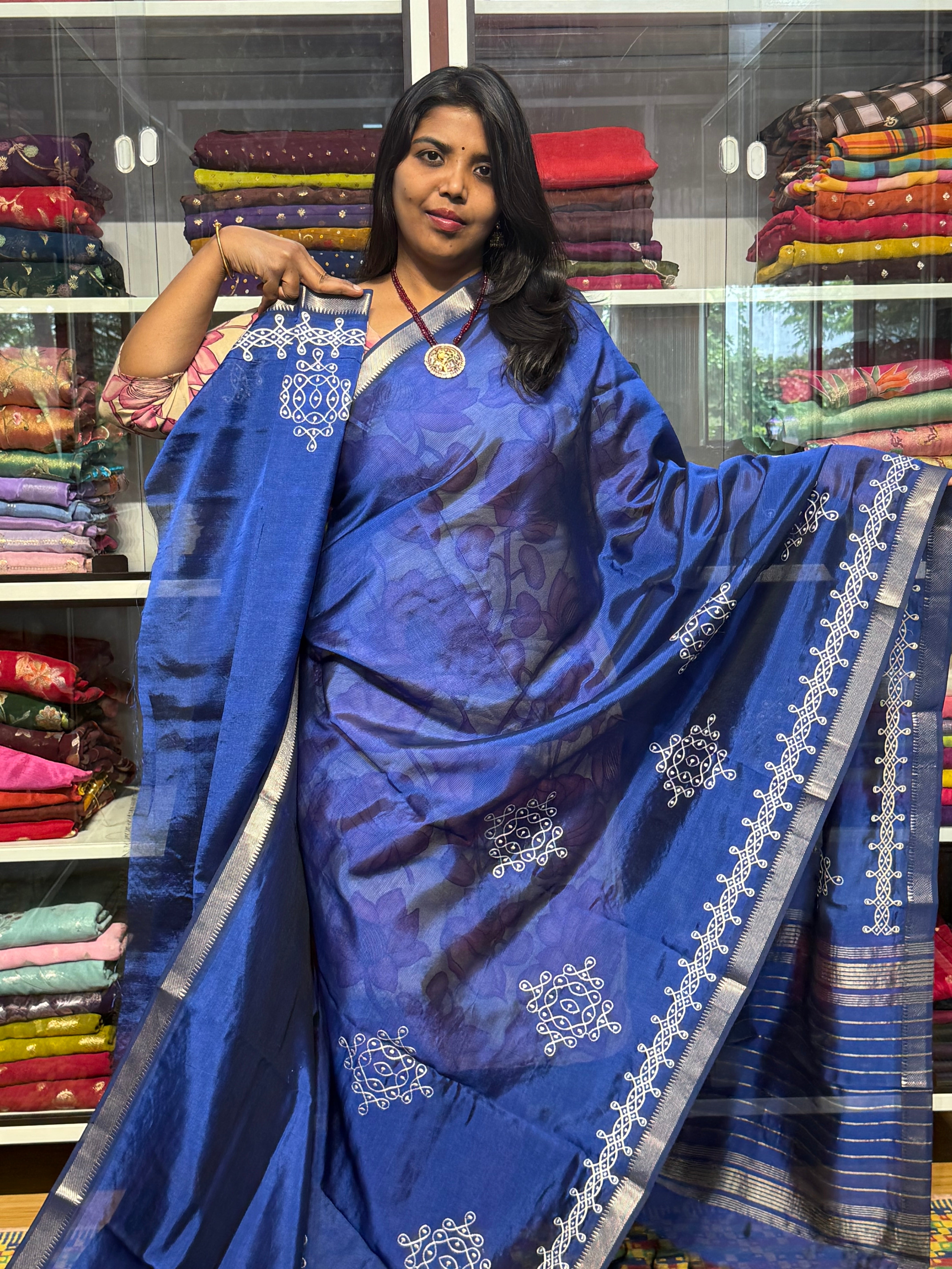 PURE MANGALGIRI SILK WITH KOLAM EMBROIDERY: ROYAL BLUE