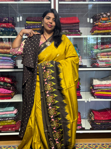 RUSSIAN CREPE WITH TANJORE DIGITAL PRINT: MUSTARD YELLOW