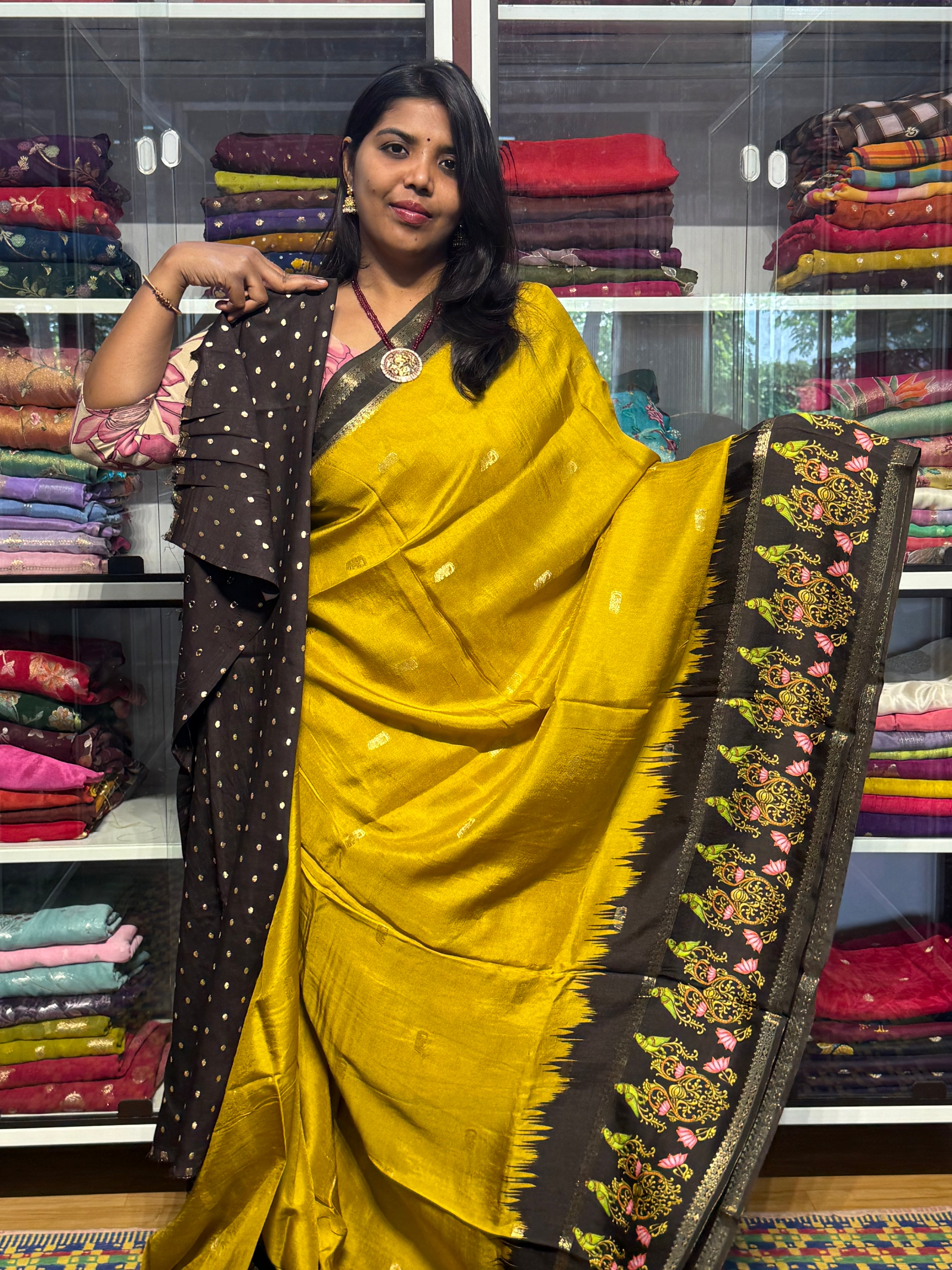 RUSSIAN CREPE WITH TANJORE DIGITAL PRINT: MUSTARD YELLOW