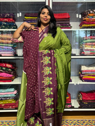 RUSSIAN CREPE WITH TANJORE DIGITAL PRINT: GREEN