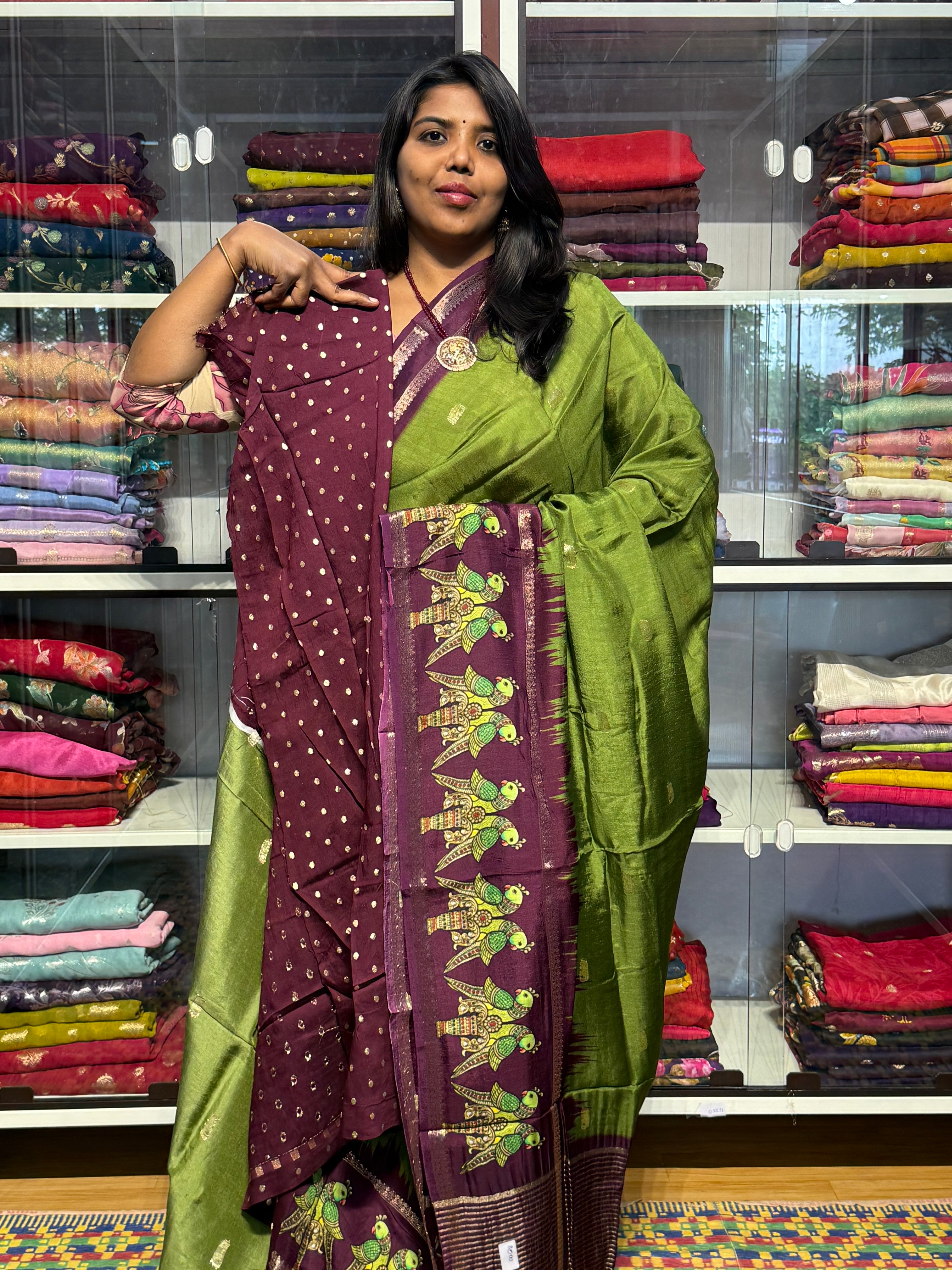 RUSSIAN CREPE WITH TANJORE DIGITAL PRINT: GREEN