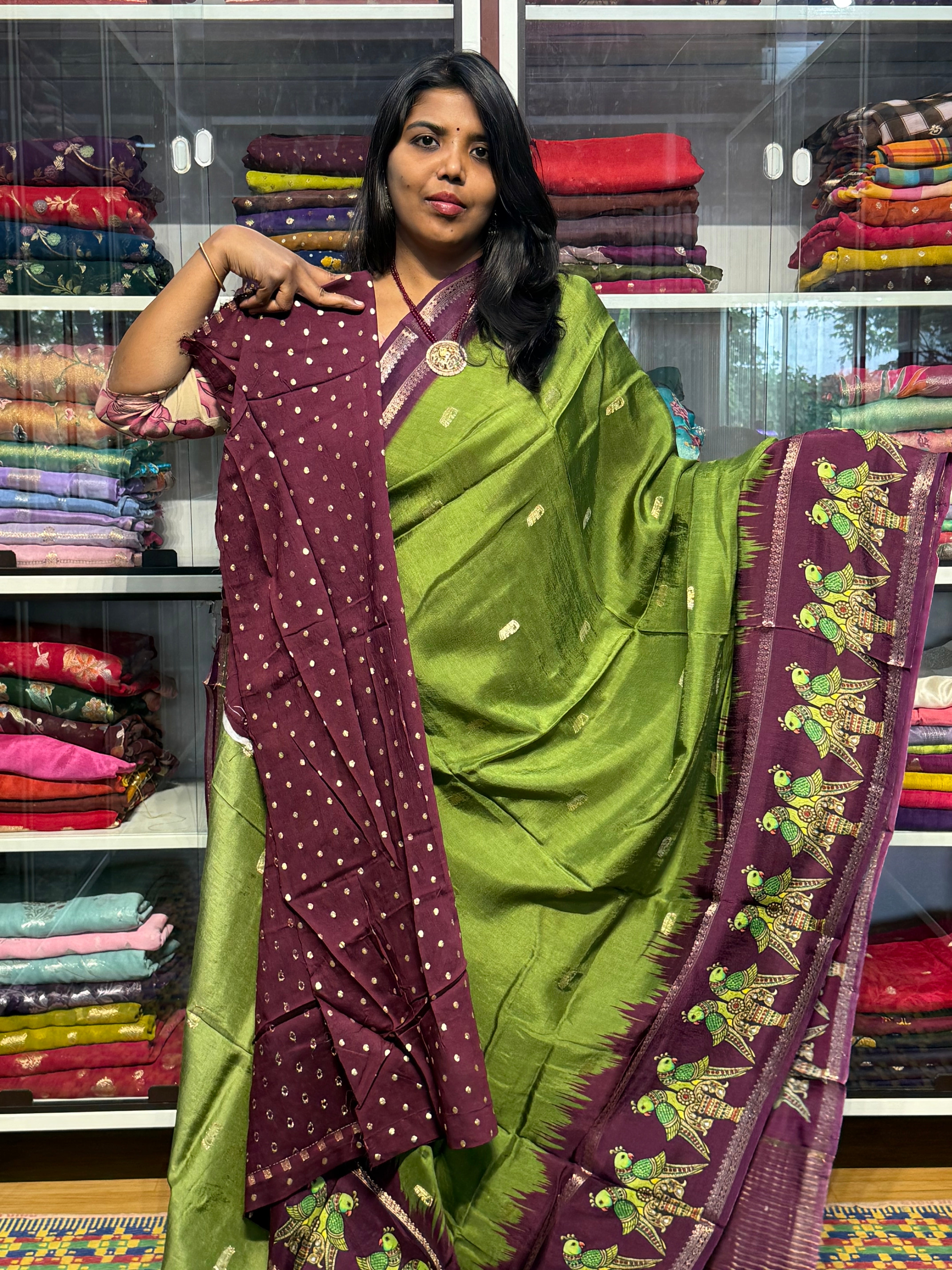 RUSSIAN CREPE WITH TANJORE DIGITAL PRINT: GREEN
