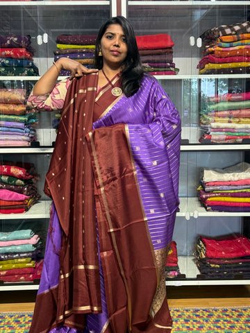 STRIPES PATTERN RUSSIAN SILK SAREE: LAVENDER
