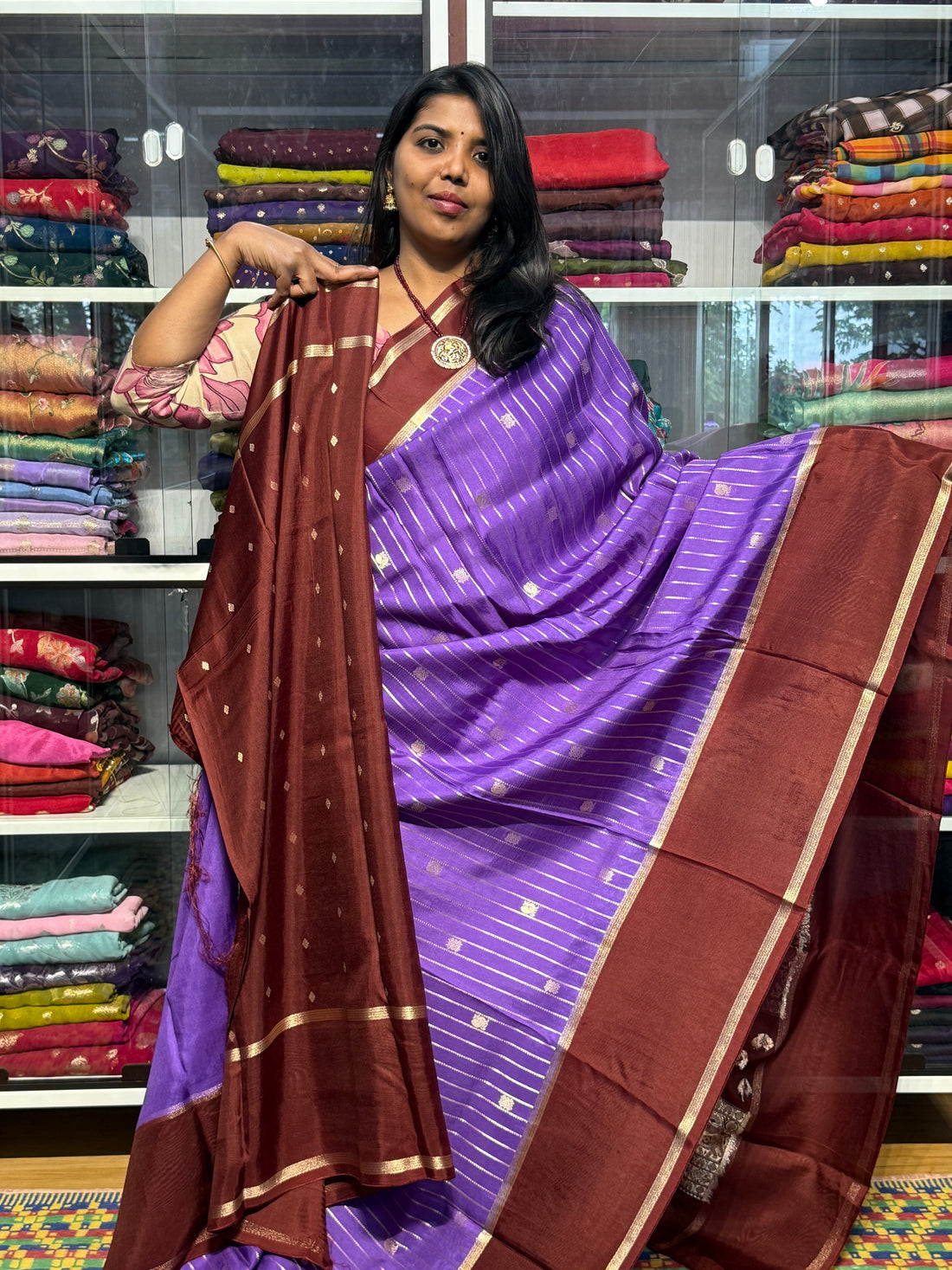 STRIPES PATTERN RUSSIAN SILK SAREE: LAVENDER