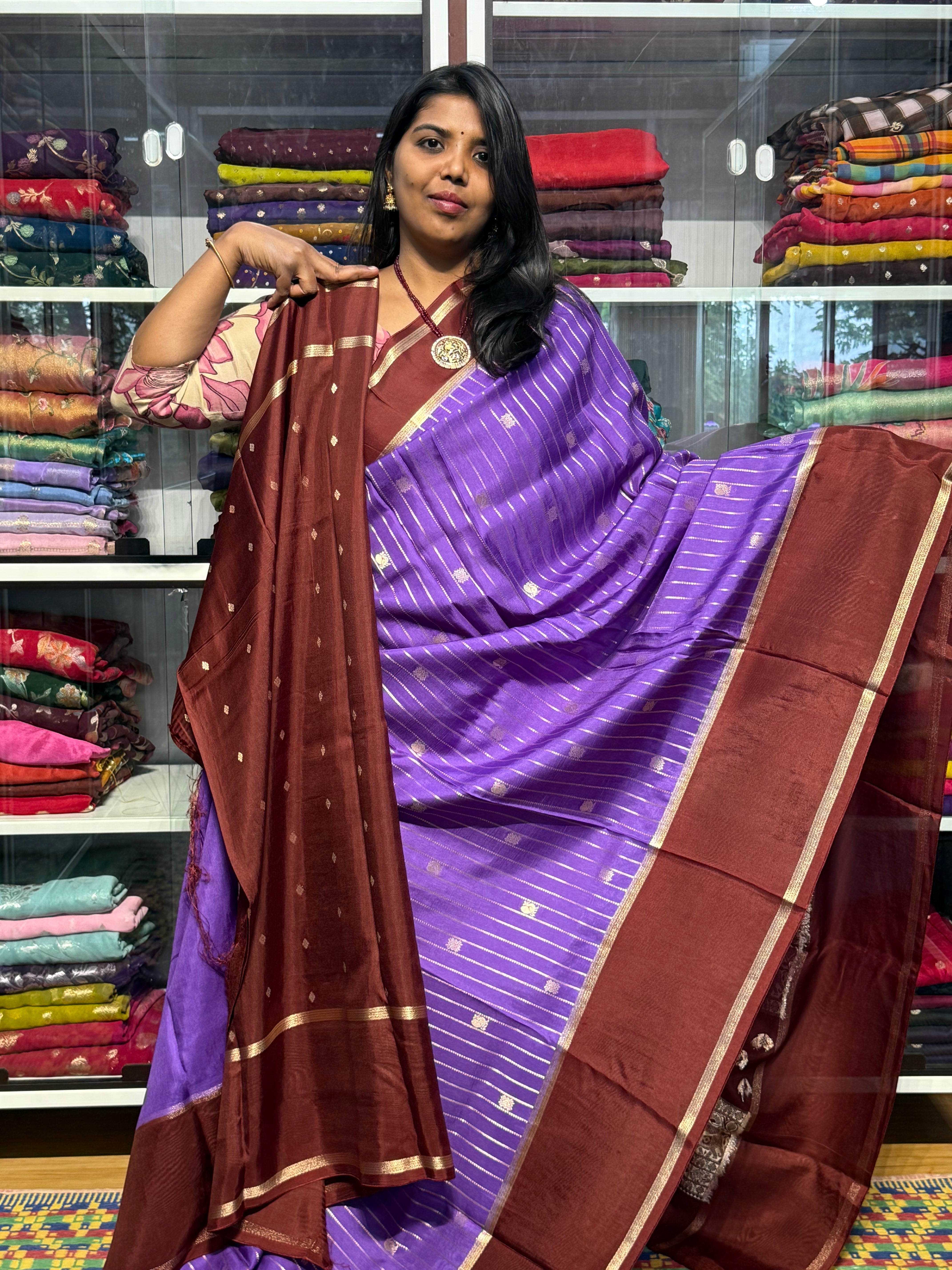 STRIPES PATTERN RUSSIAN SILK SAREE: LAVENDER