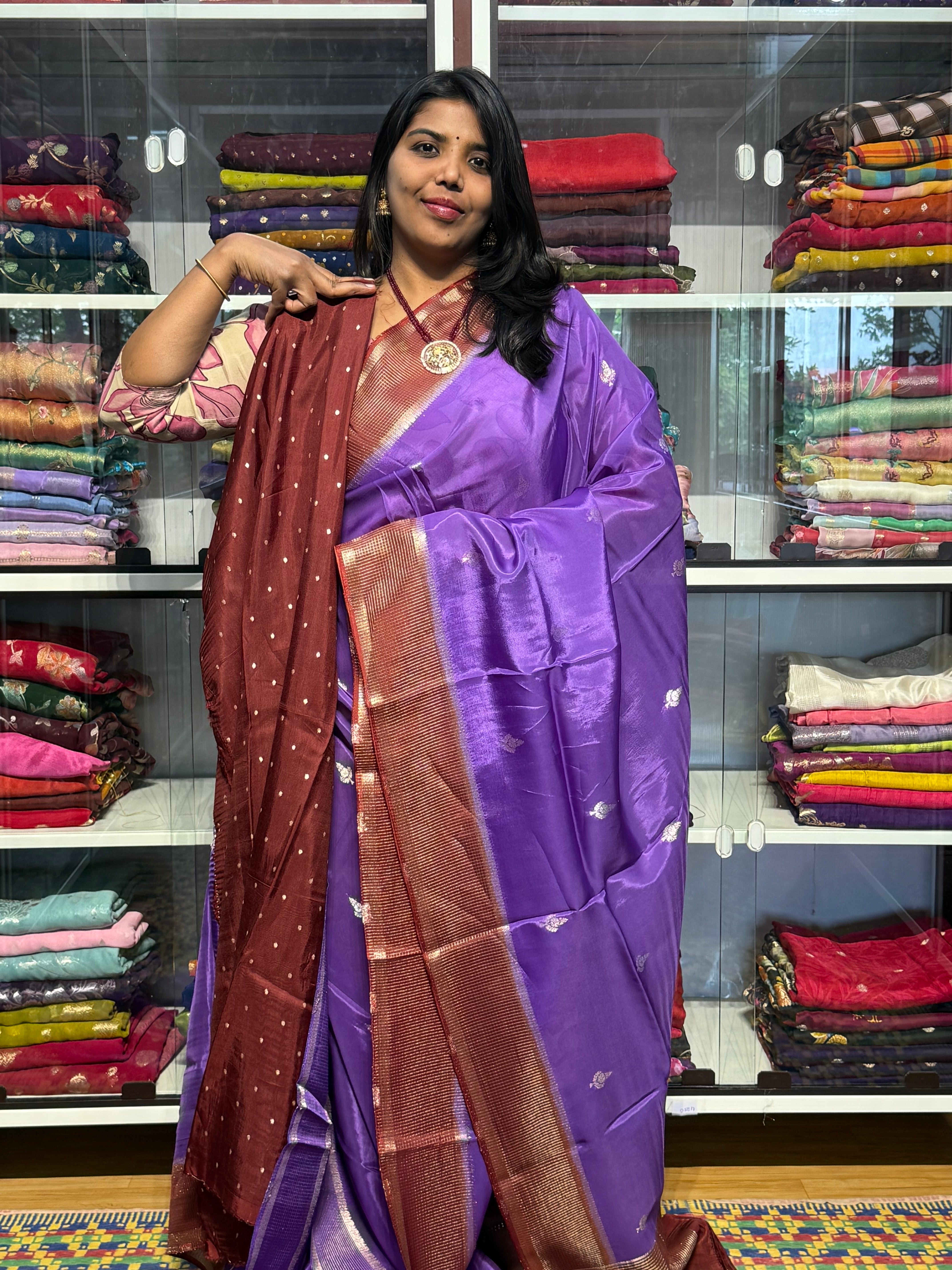 CHINON SILK SAREE WITH CHECKS BORDER: LAVENDER