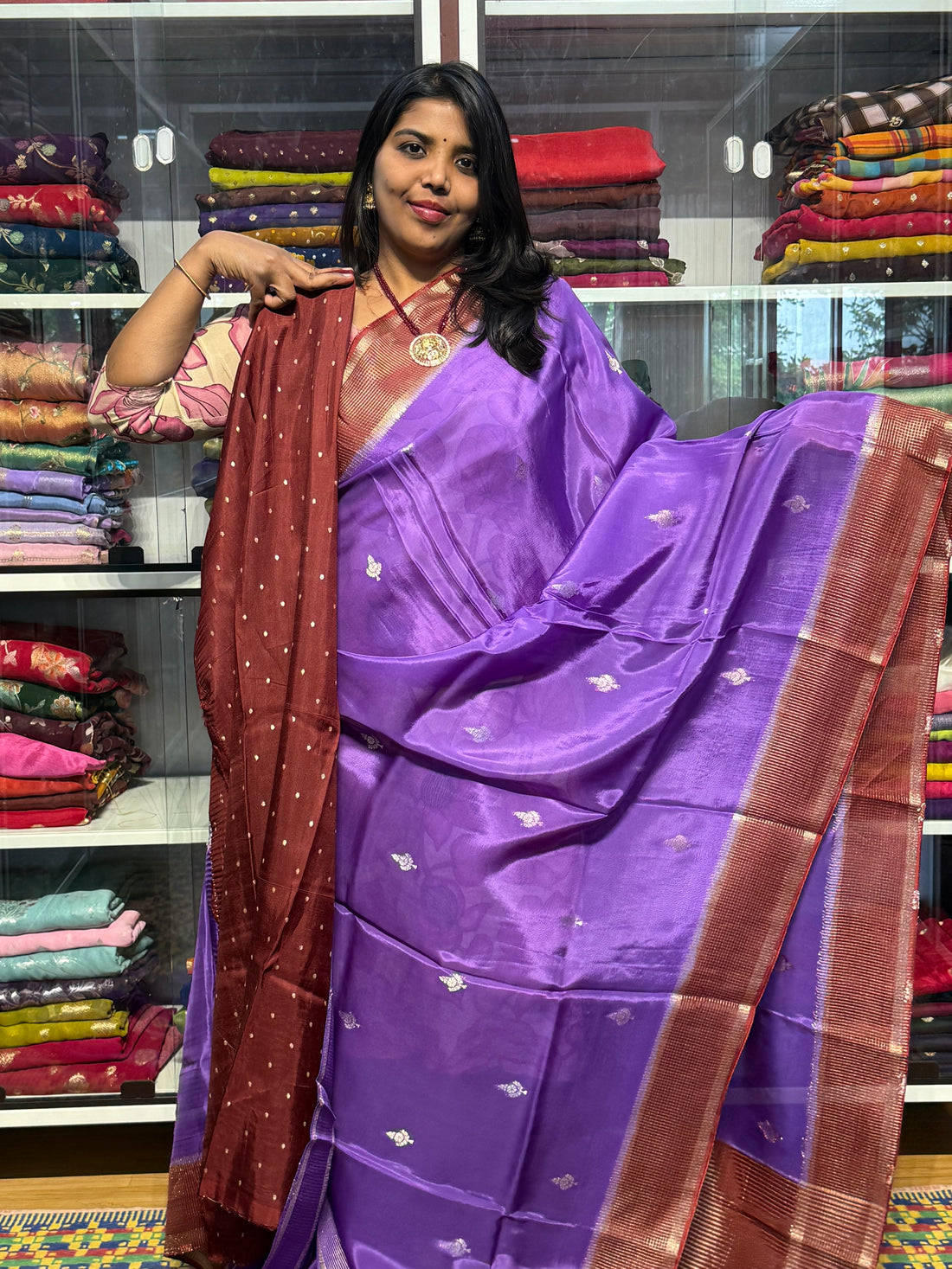 CHINON SILK SAREE WITH CHECKS BORDER: LAVENDER