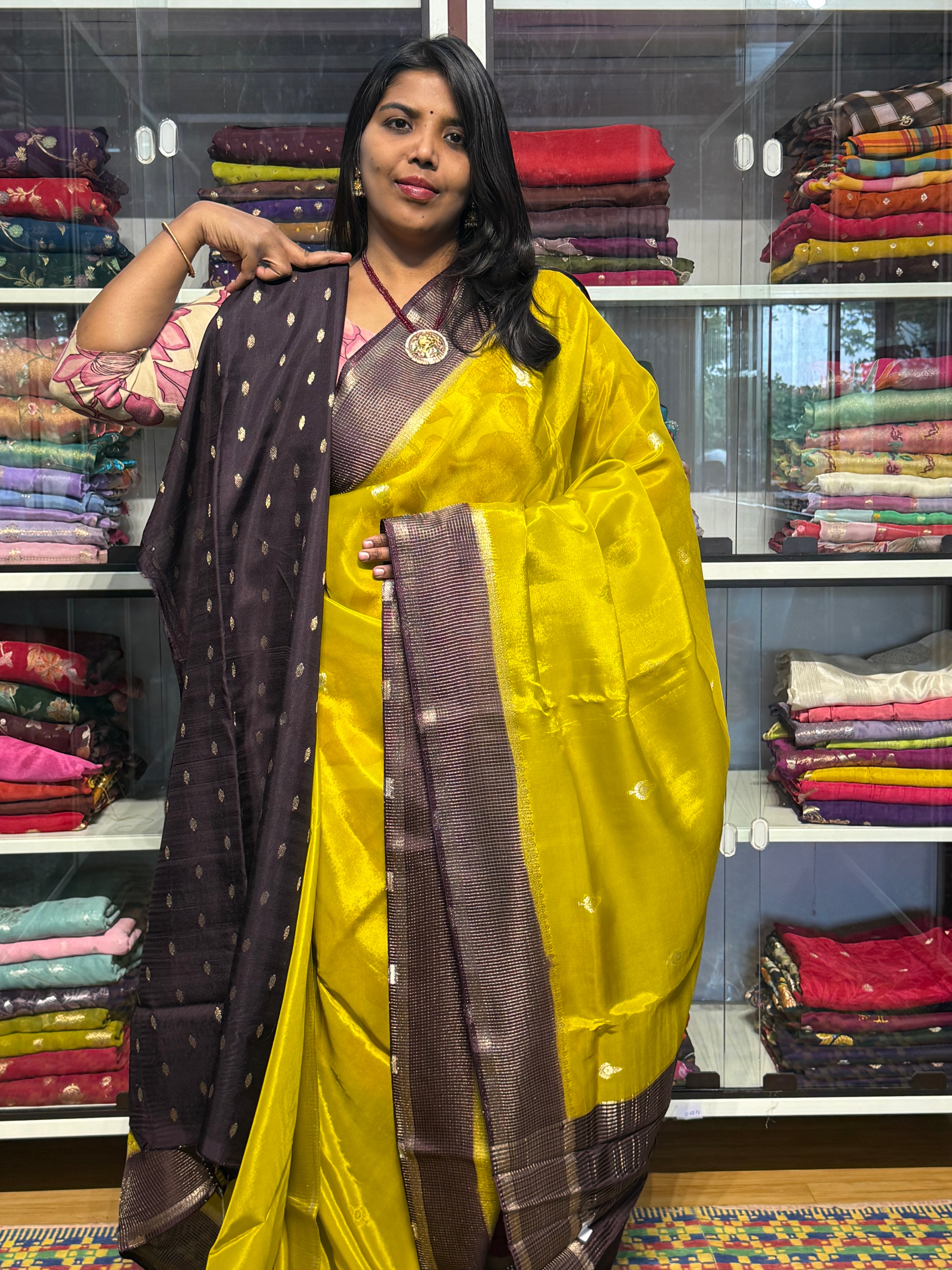CHINON SILK SAREE WITH CHECKS BORDER: DEVADASI GREEN