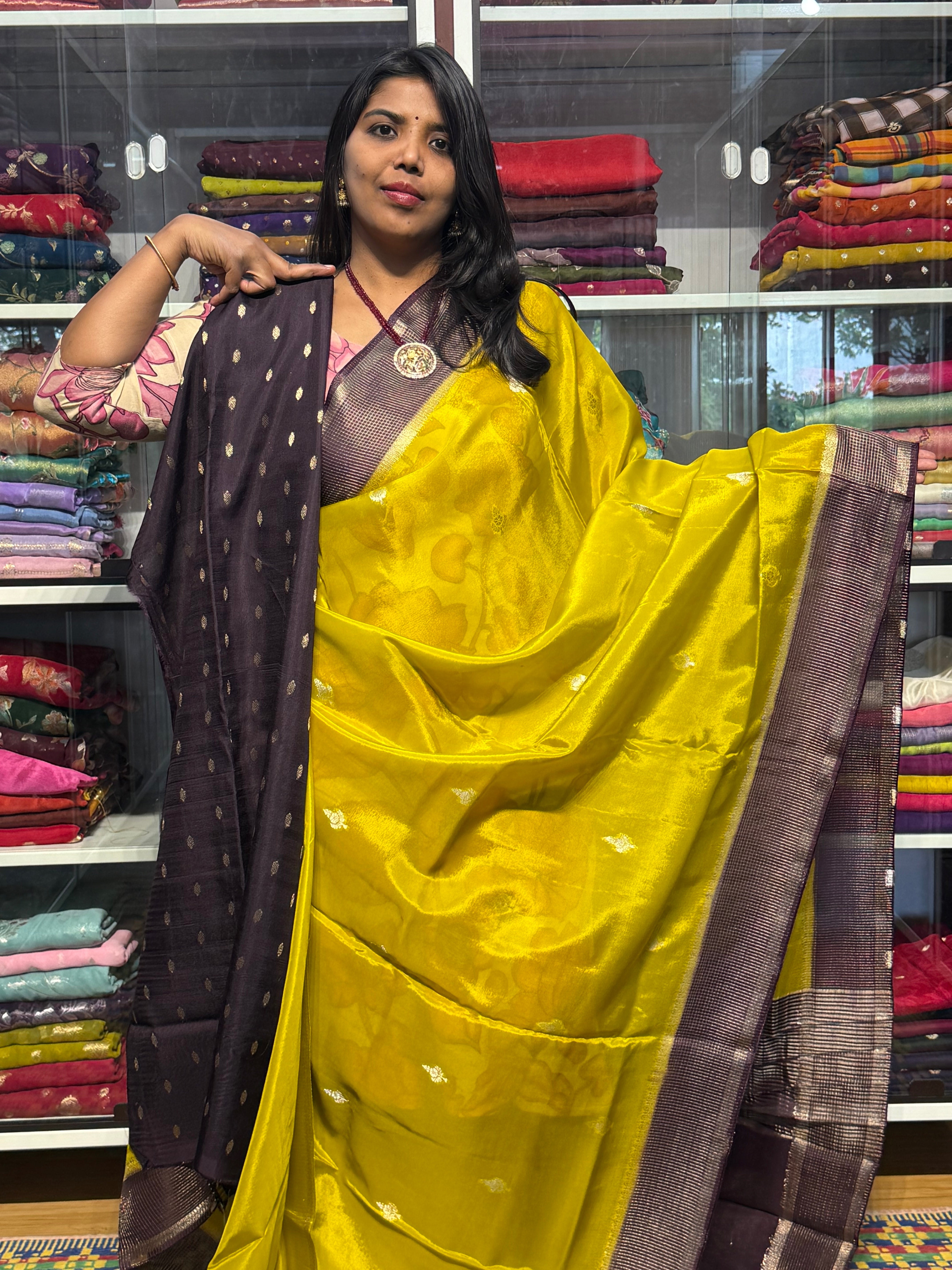CHINON SILK SAREE WITH CHECKS BORDER: DEVADASI GREEN