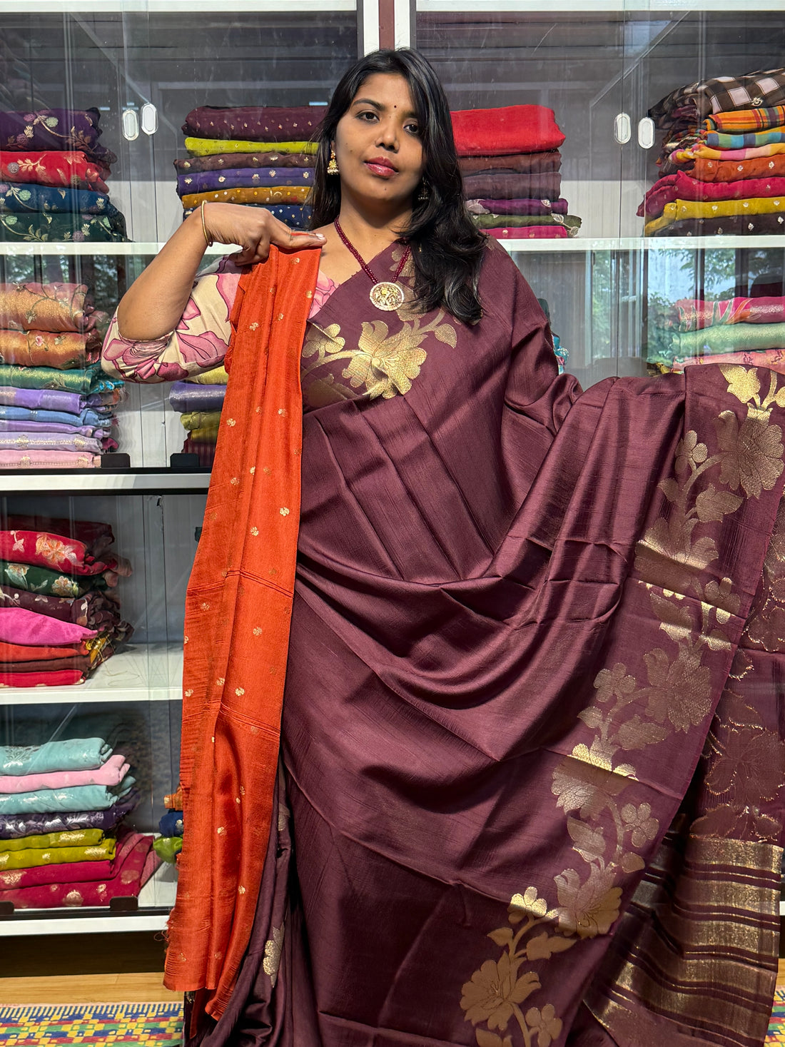 TUSSER CREPE WITH JAMDANI FLORAL BORDER:  BROWN