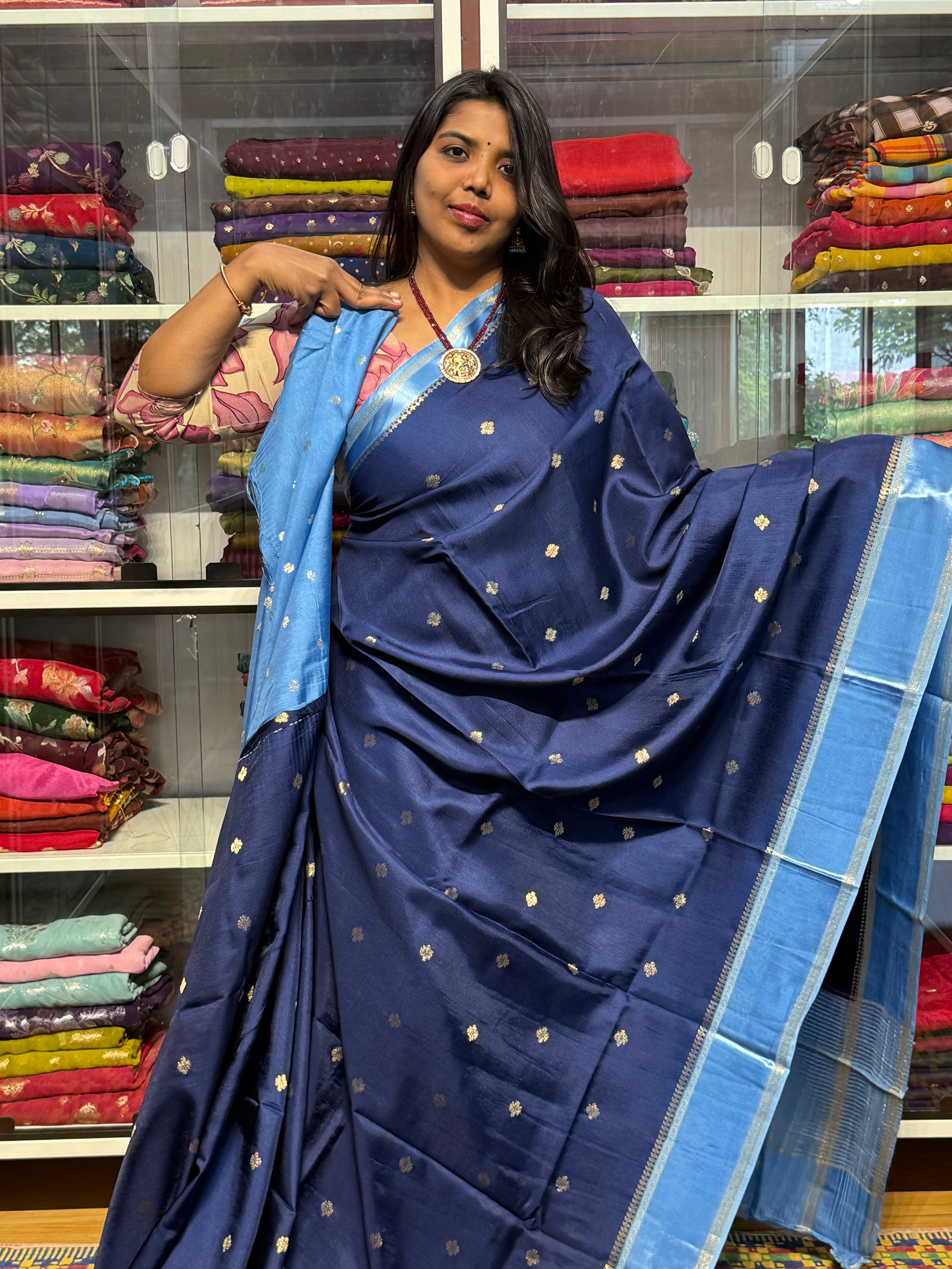 RUSSIAN SILK SAREE WITH SATIN BORDER: BLUE