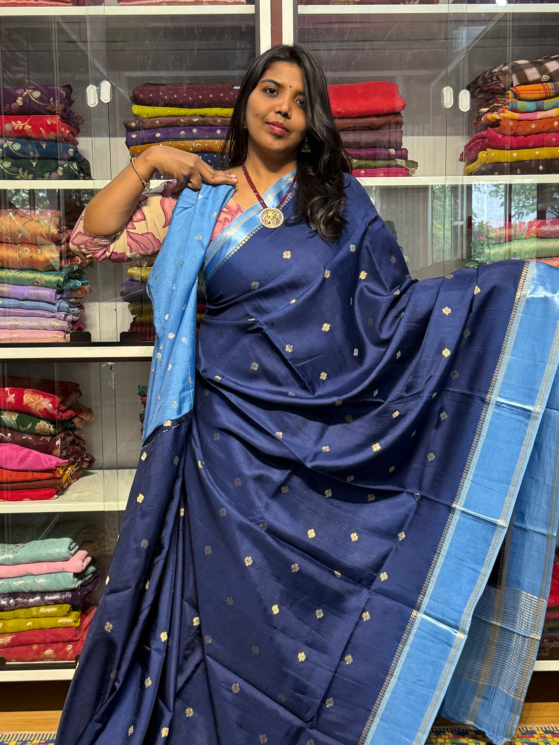 RUSSIAN SILK SAREE WITH SATIN BORDER: BLUE