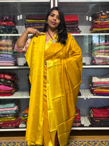 RUSSIAN SILK SAREE WITH SATIN BORDER: YELLOW