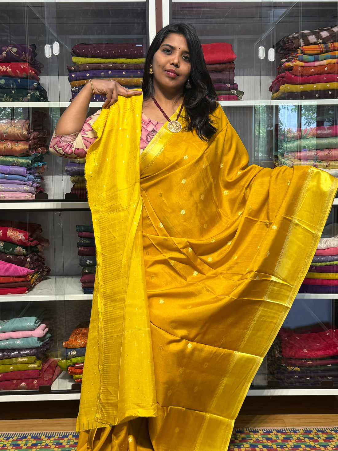 RUSSIAN SILK SAREE WITH SATIN BORDER: YELLOW