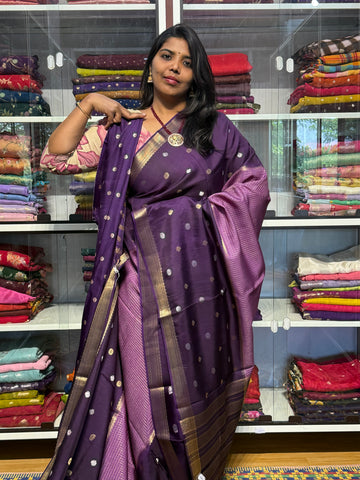 RUSSIAN SILK SAREE WITH CHECK PATTERN : LILAC AND VOILET