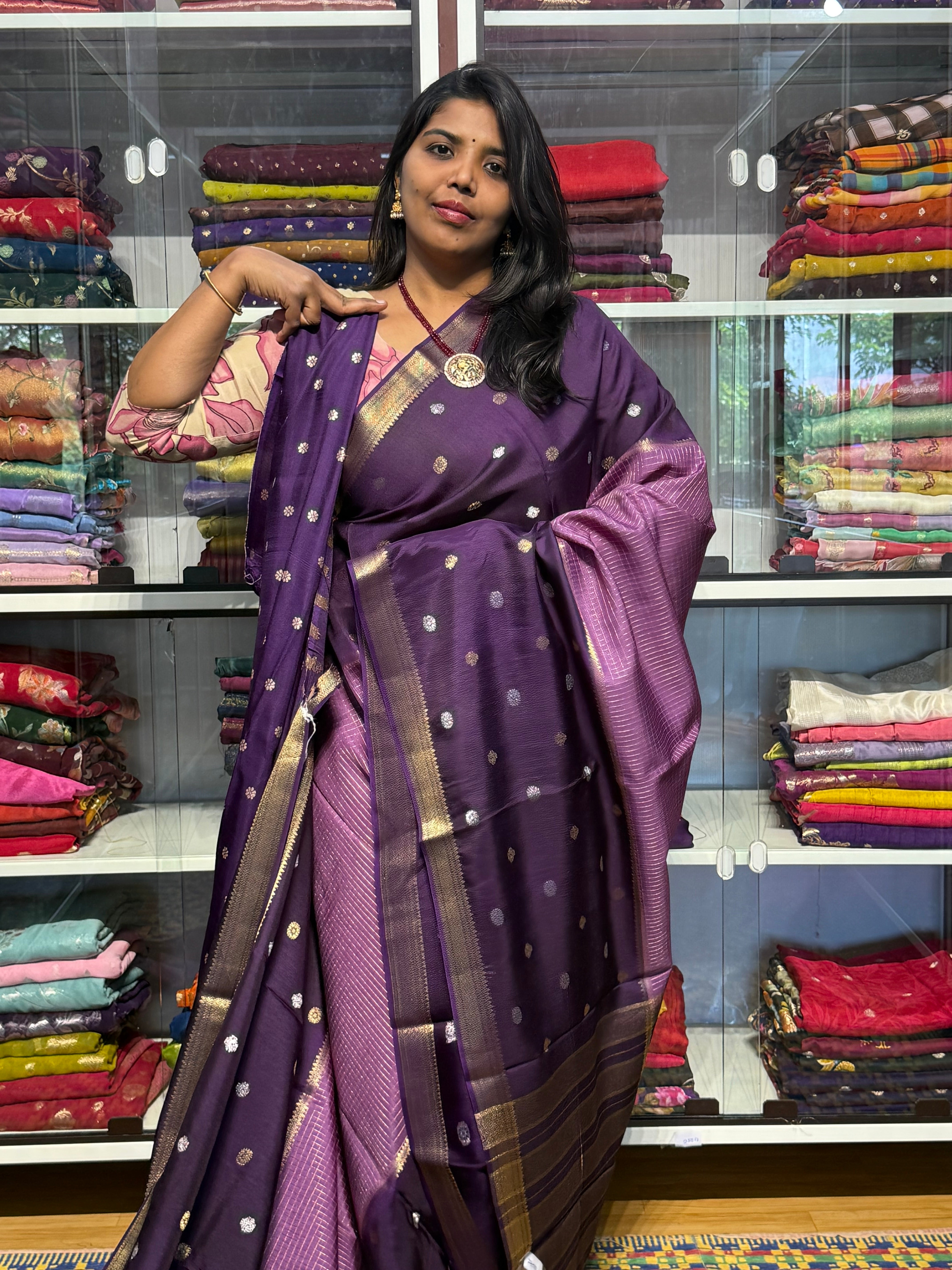 RUSSIAN SILK SAREE WITH CHECK PATTERN : LILAC AND VOILET