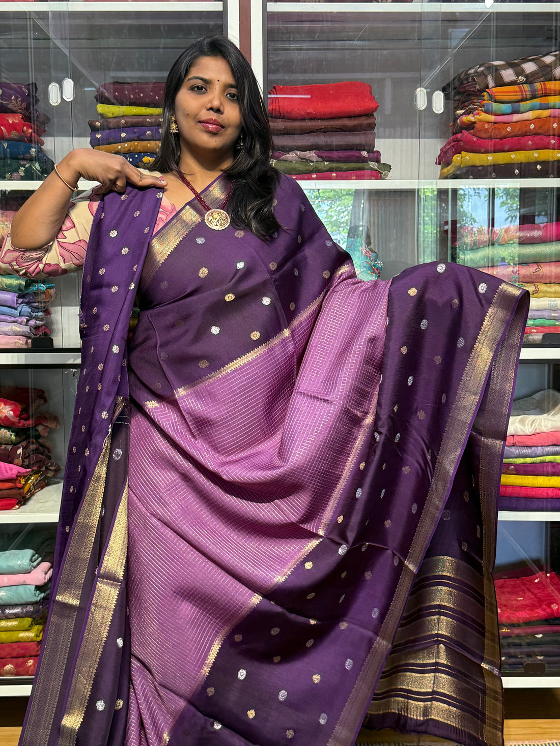 RUSSIAN SILK SAREE WITH CHECK PATTERN : LILAC AND VOILET