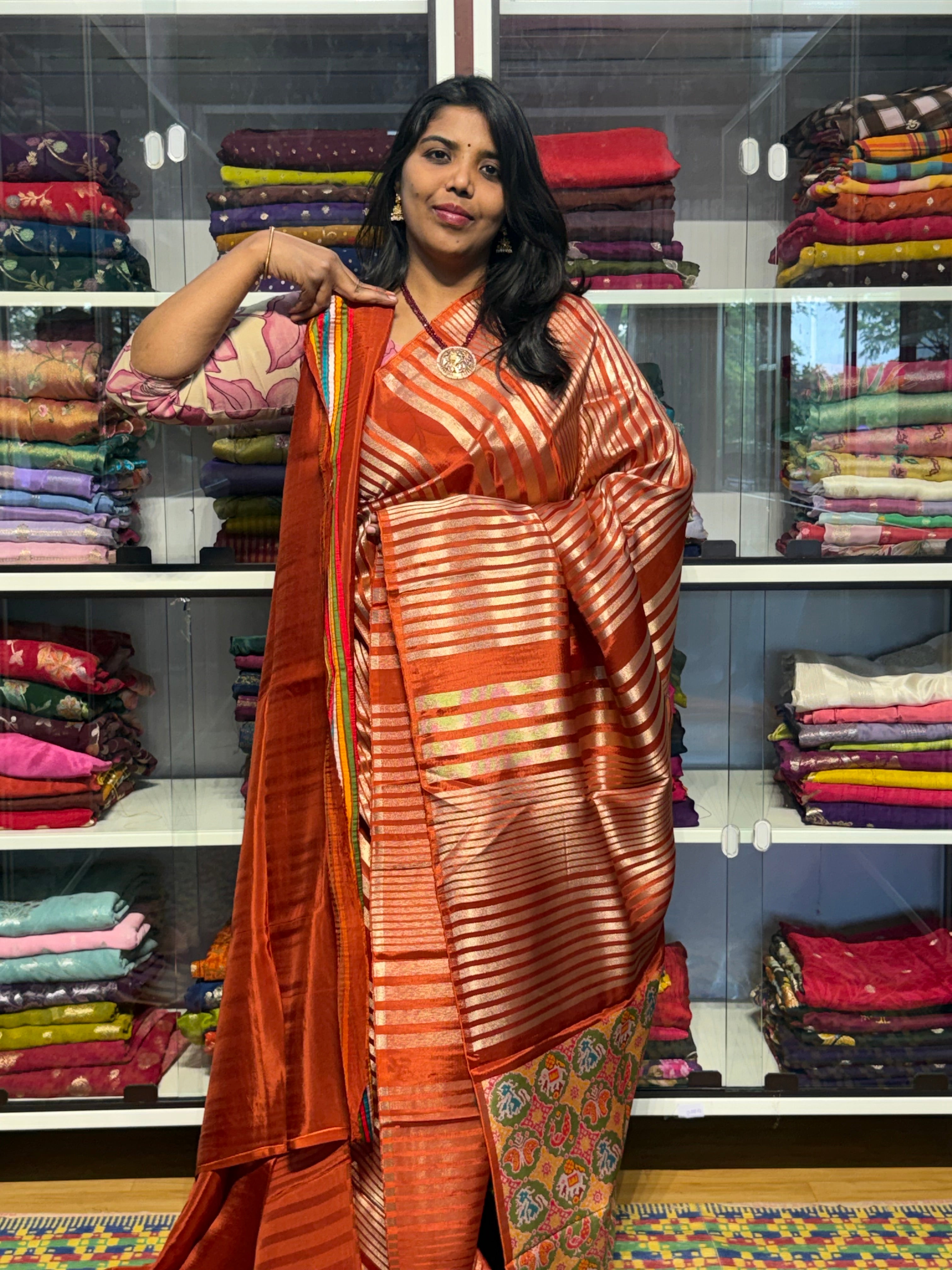 STRIPES FUSION SAREE WITH IKKAT PALLU: RUST
