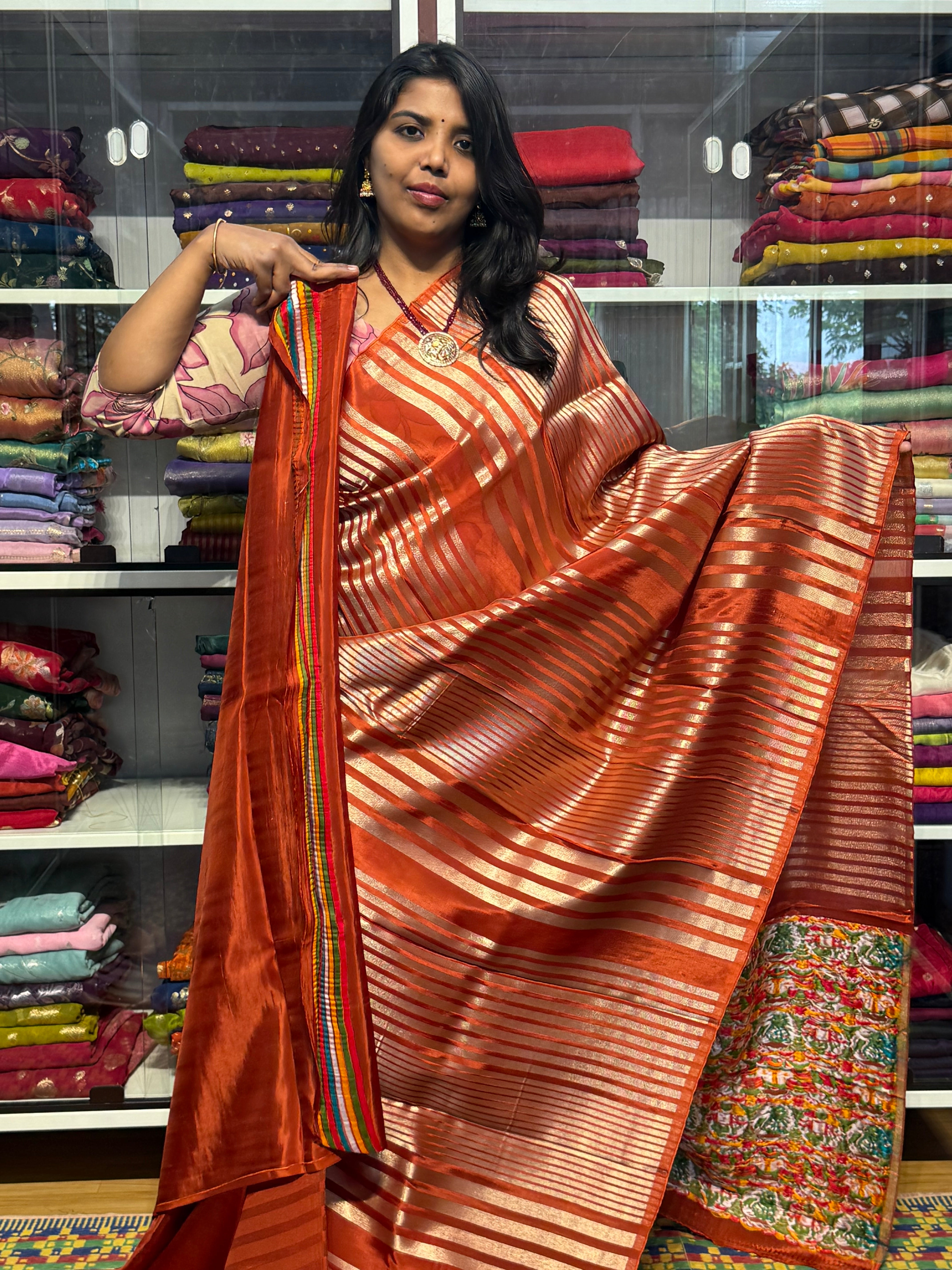 STRIPES FUSION SAREE WITH IKKAT PALLU: RUST