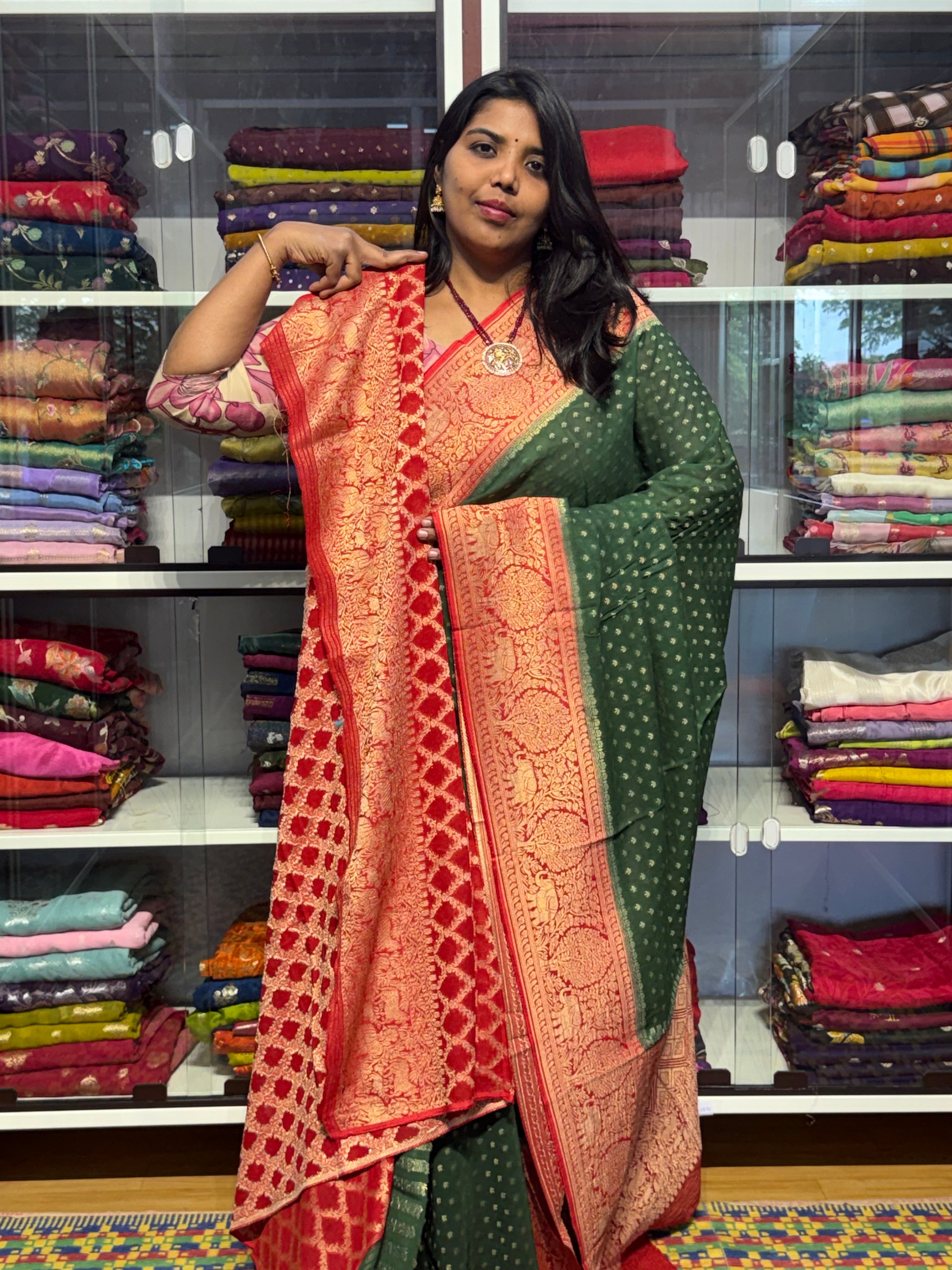 PURE BANARAS KHADDI GEORGETTE WITH VANAVIHAR BORDER: GREEN AND RED