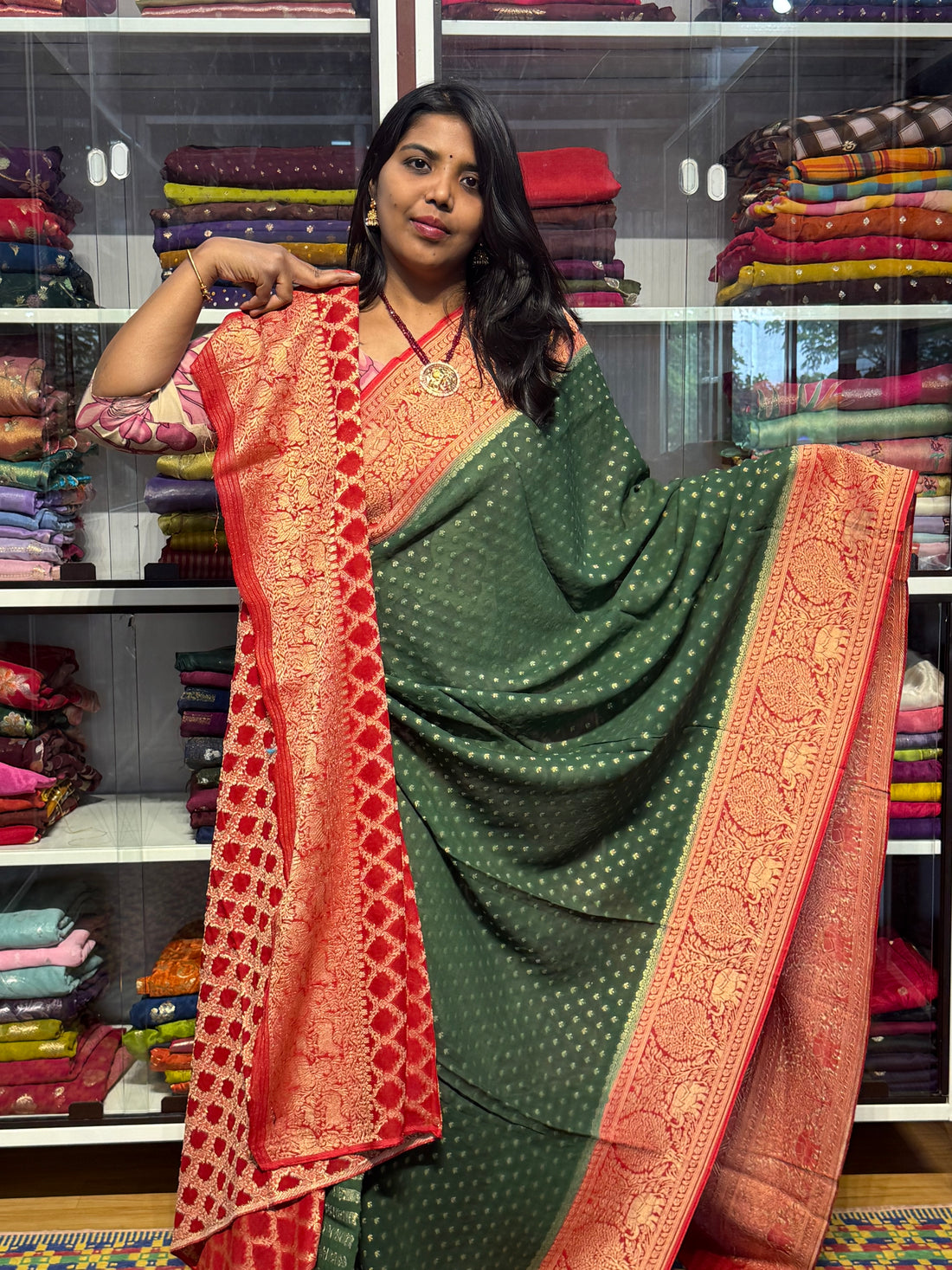 PURE BANARAS KHADDI GEORGETTE WITH VANAVIHAR BORDER: GREEN AND RED